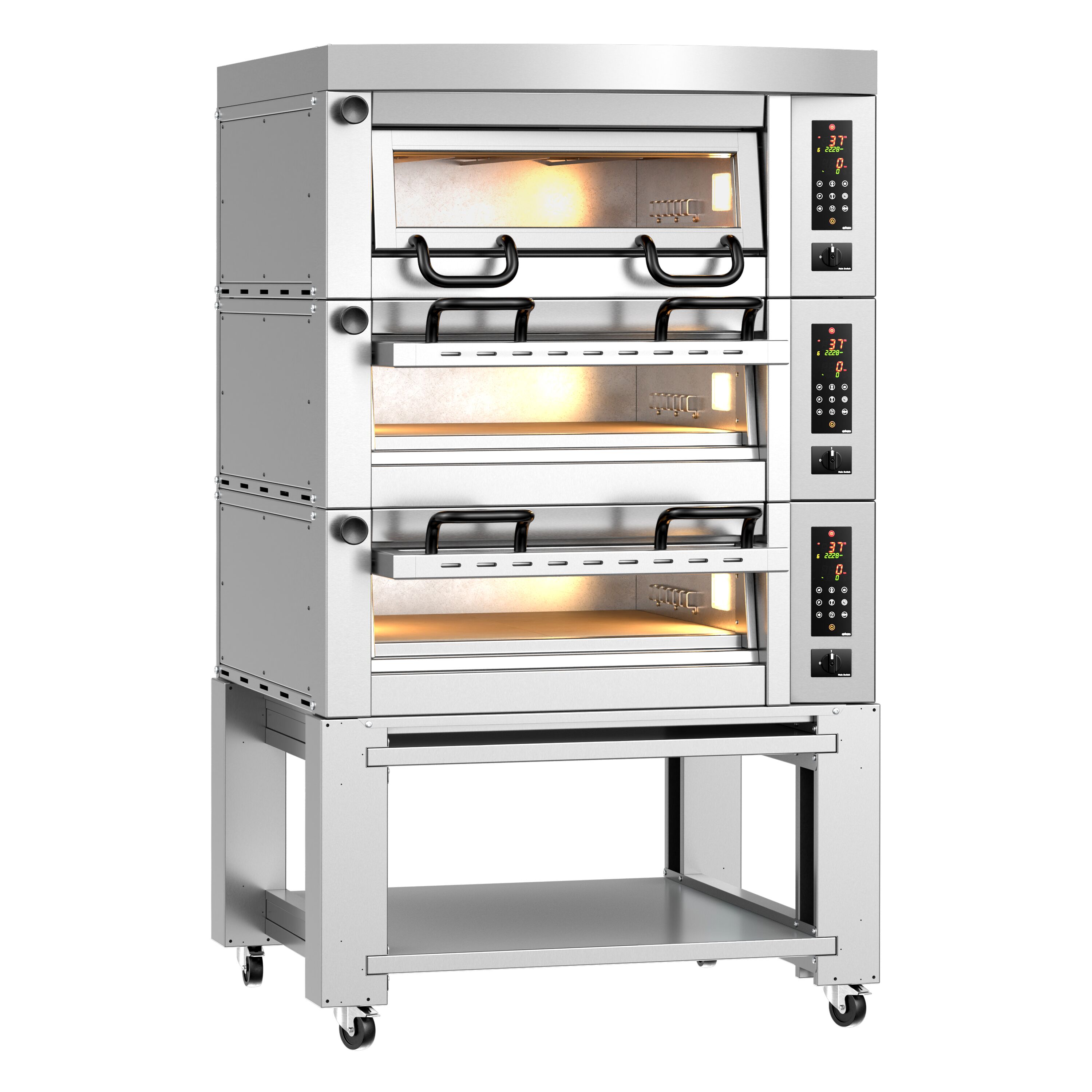 (3 szt.) Elektryczny Piec do pizzy - 3 x 4 x Ø34cm - Panel dotykowy - z okapem i ramą nośną