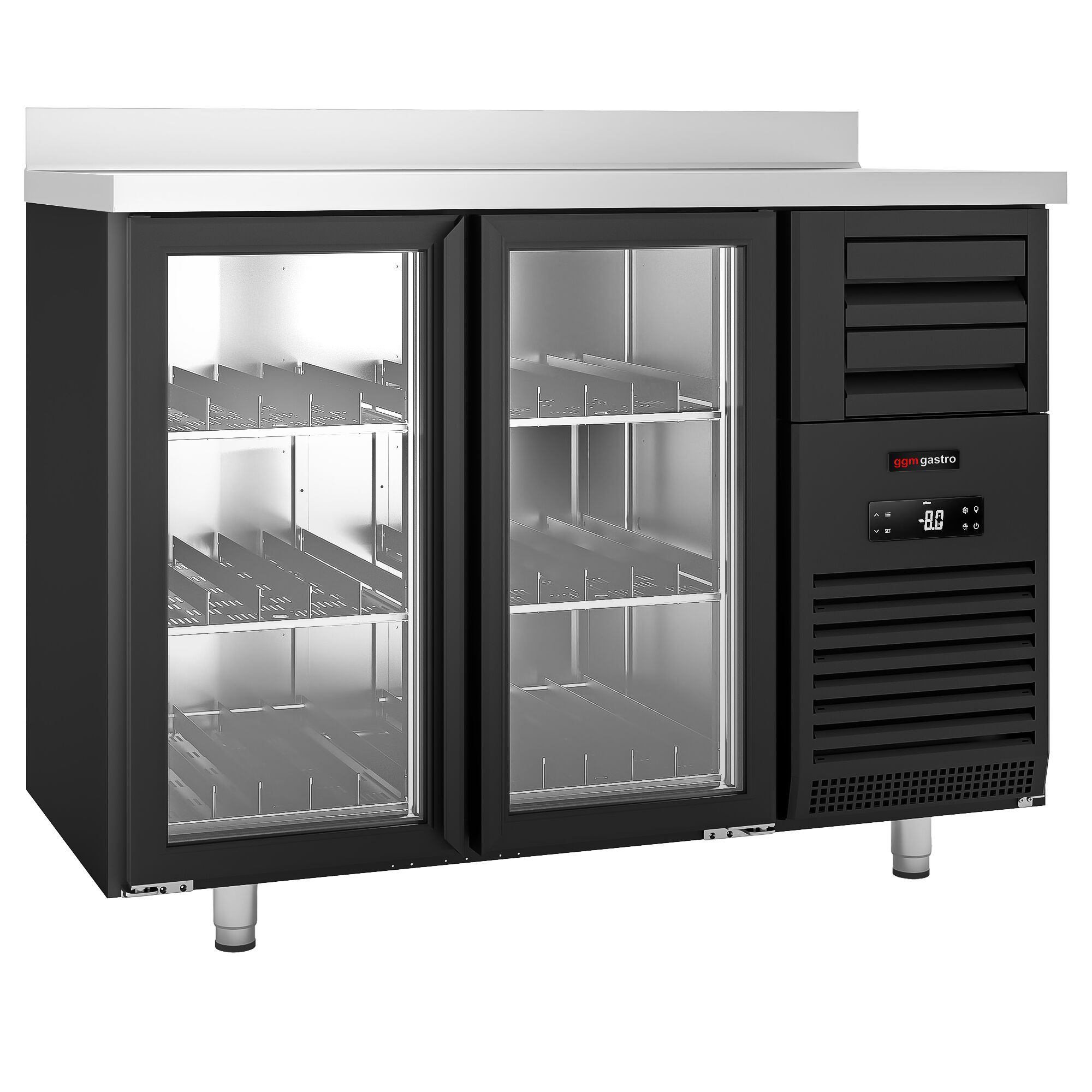 Arrière-bar réfrigéré professionnel  - 1475x700 mm - 440 litres - avec 2 portes vitrées & dosseret - noir