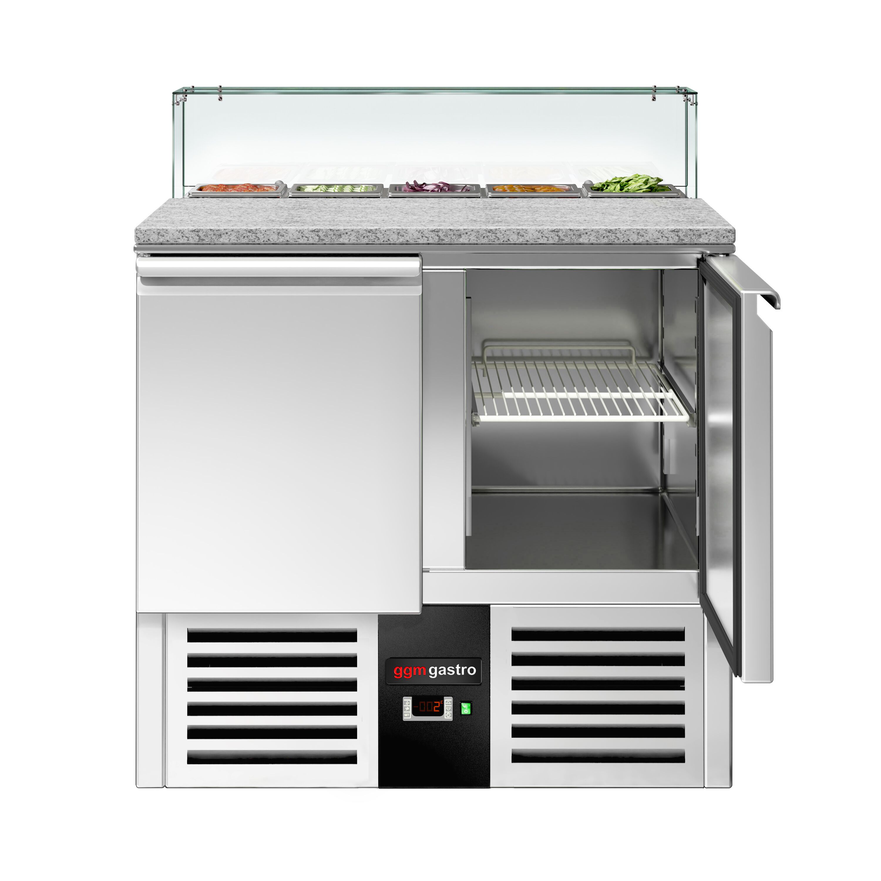 Saladette réfrigérée PREMIUM - 900mm - 240L - 2 portes - avec vitrine de comptoir pour 5x GN 1/6