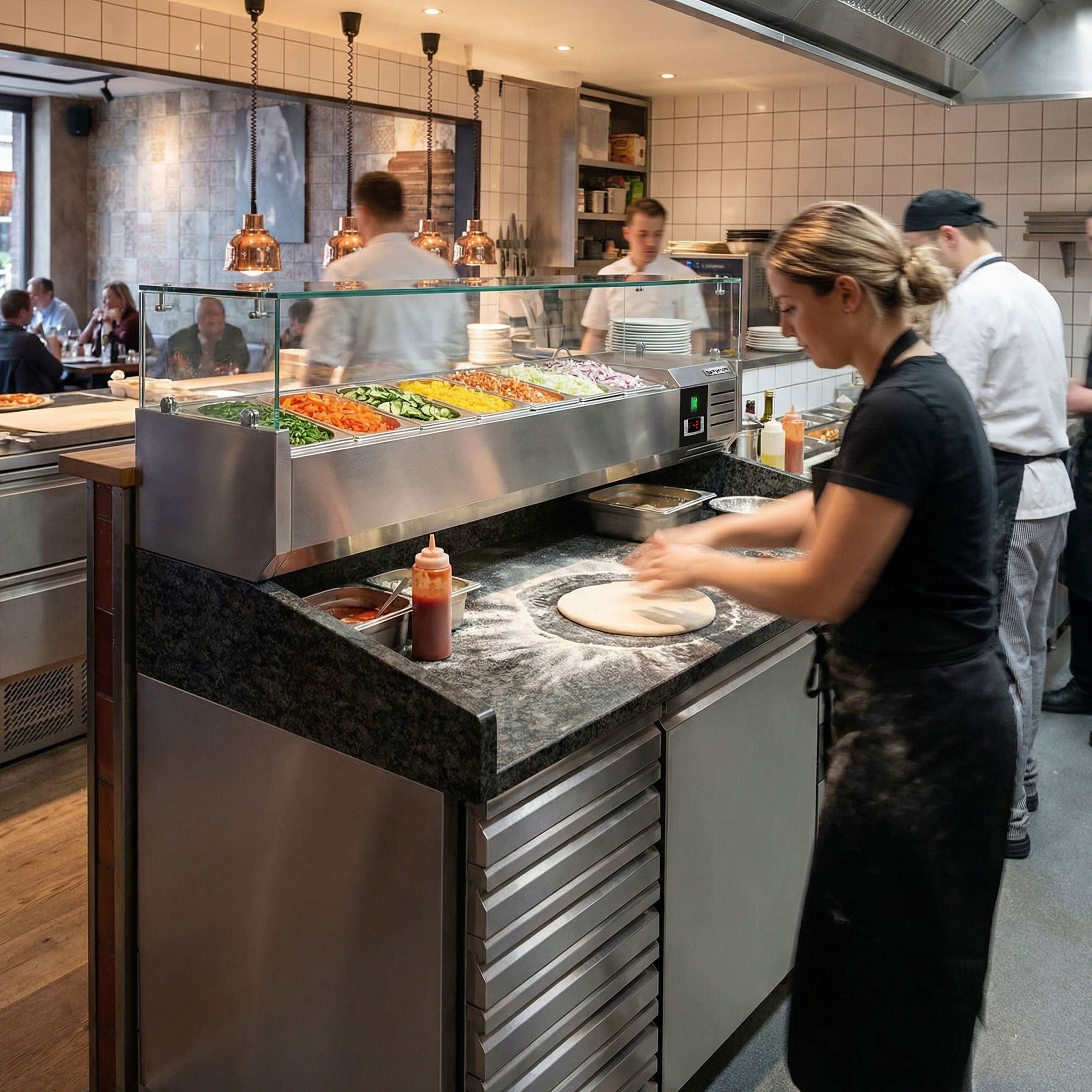 Table réfrigérée à pizza PREMIUM - 1500 x 800 mm - avec 1 porte et 7 tiroirs - incl. vitrine réfrigérée - 7 x GN 1/4
