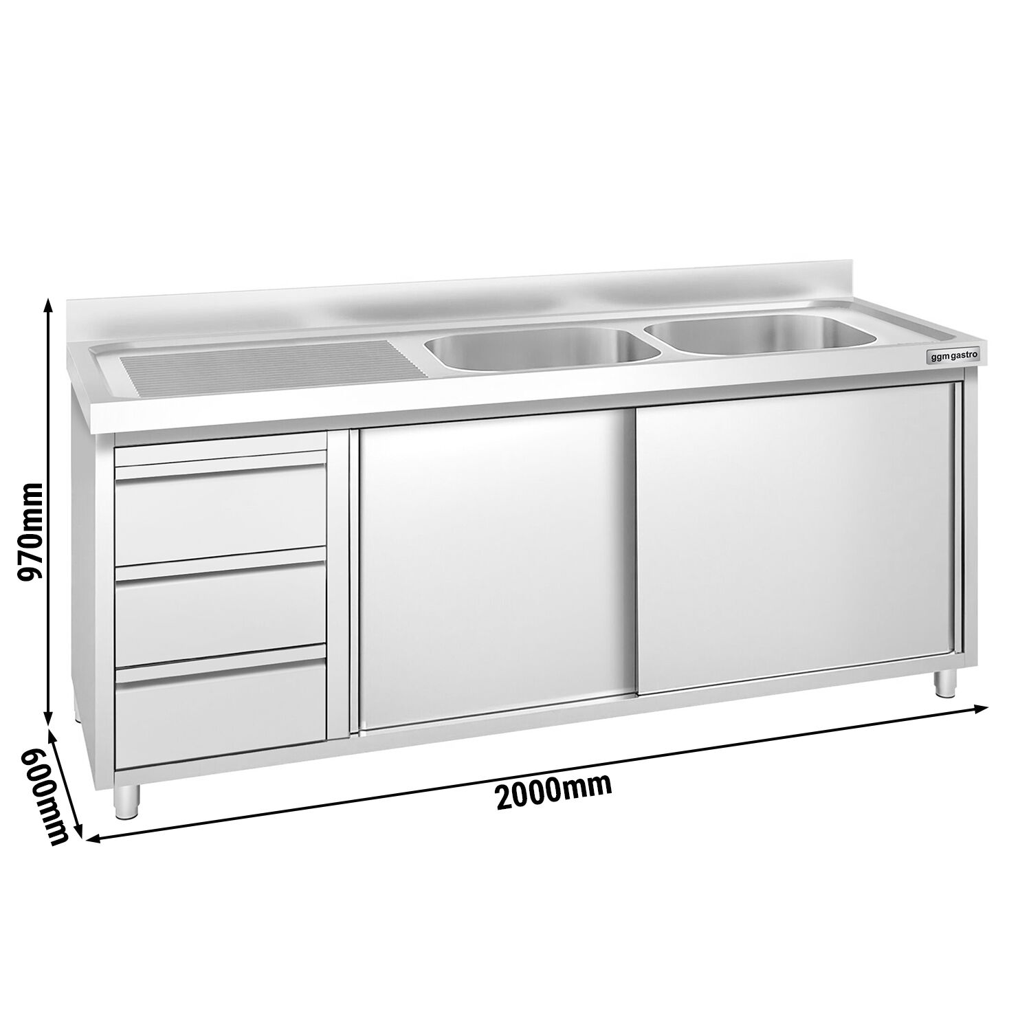 Meuble plonge PREMIUM - 2000x600mm - 2 bacs - 3 tiroirs