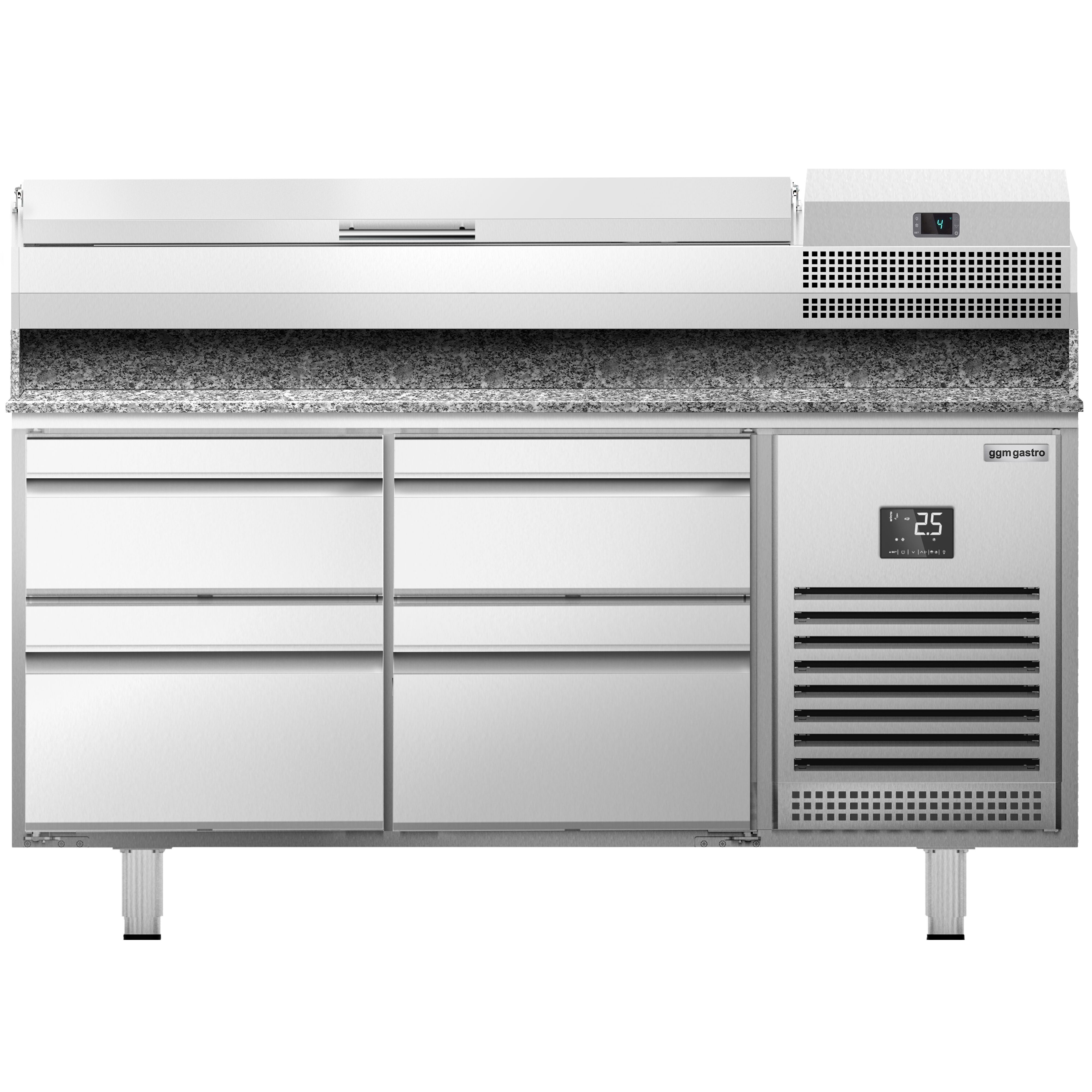 Table réfrigérée à pizza Premium PLUS - 1490x700 mm - avec 4 tiroirs - incl. vitrine réfrigérée - 6x GN 1/4