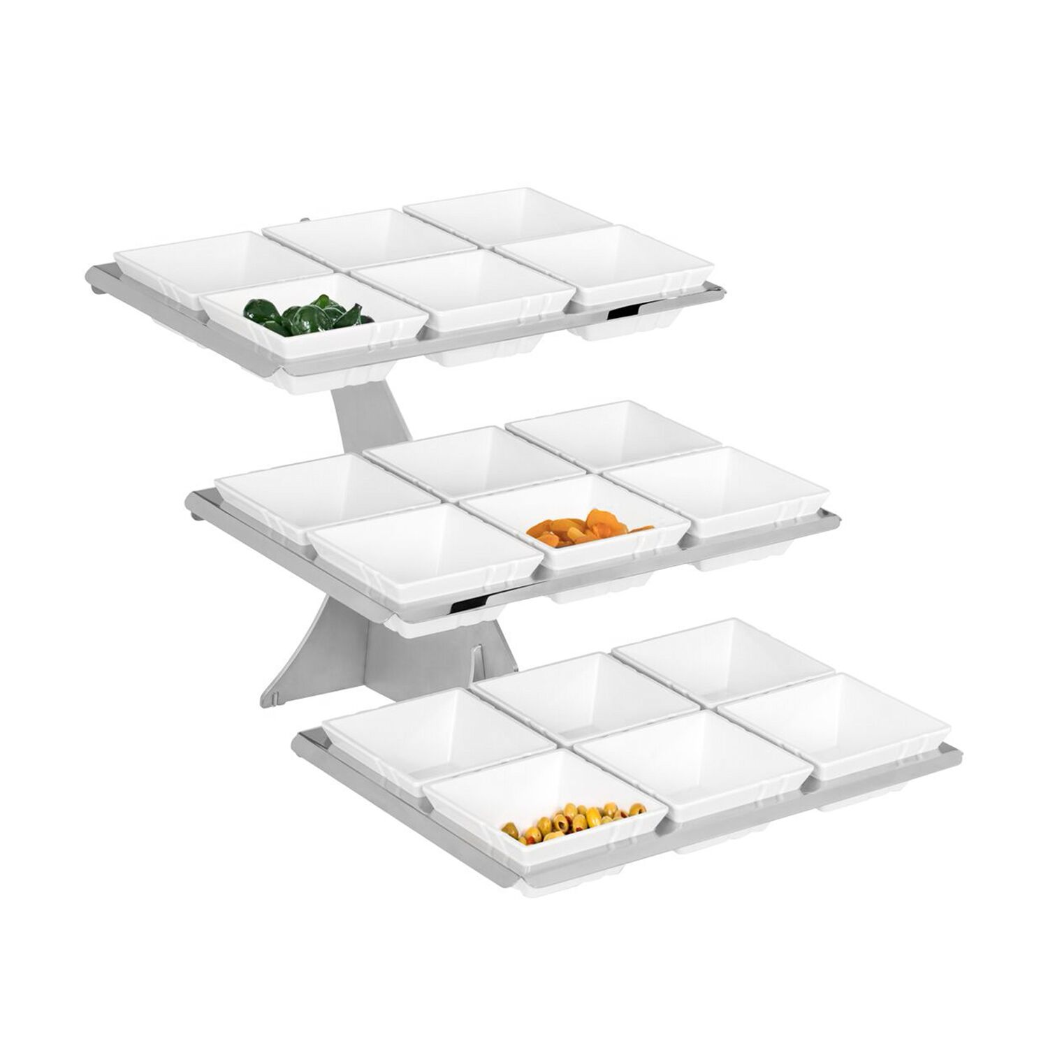 Etagere / Buffet Stand - Stainless steel frame - Chrome - square - Height: 412mm - incl. 18 Melamine bowls 140x140mm - with 3 shelves