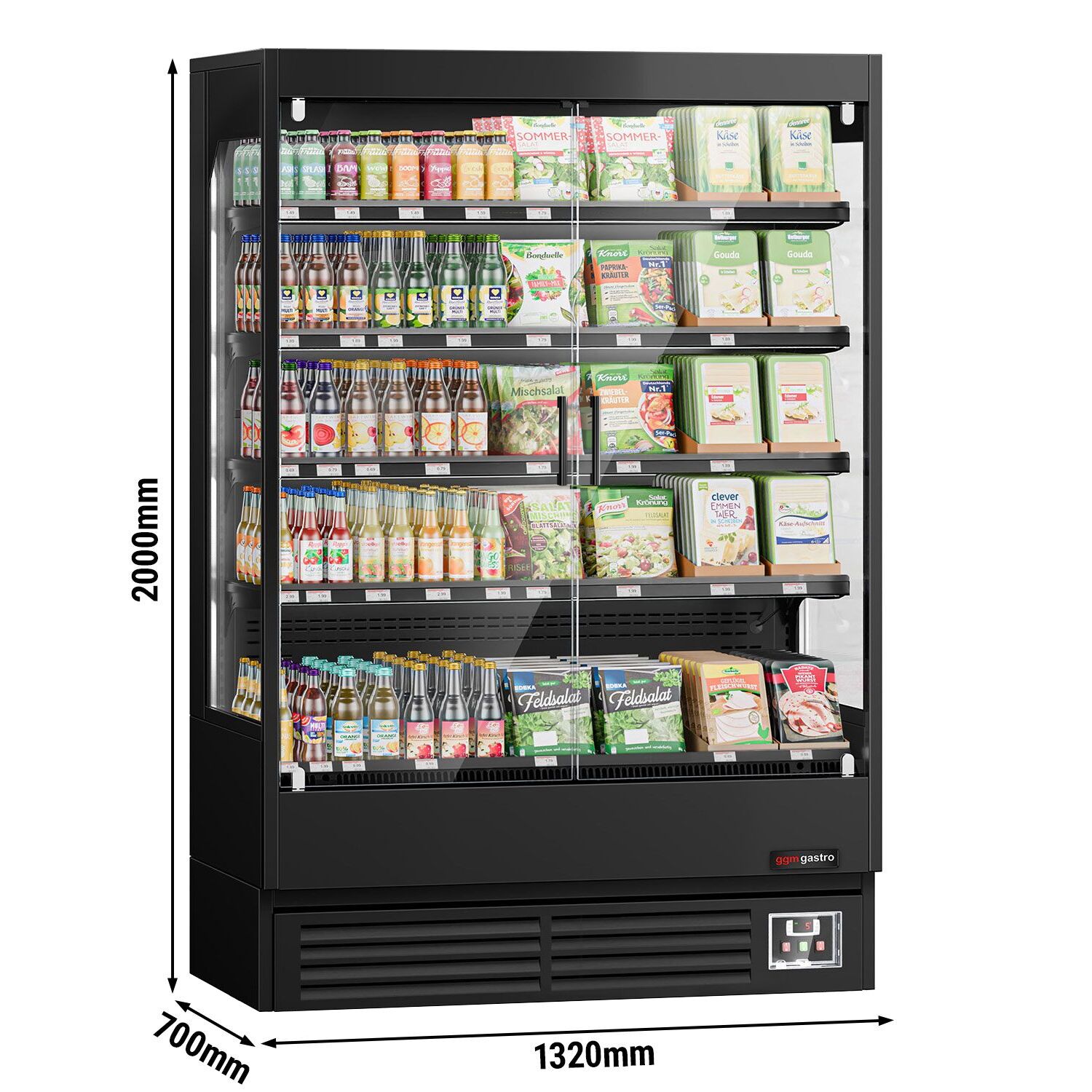 Vitrine murale réfrigérée - 1320mm - 595L - avec 2 portes battantes vitrées & 4 étagères - arrière fermé - Noir