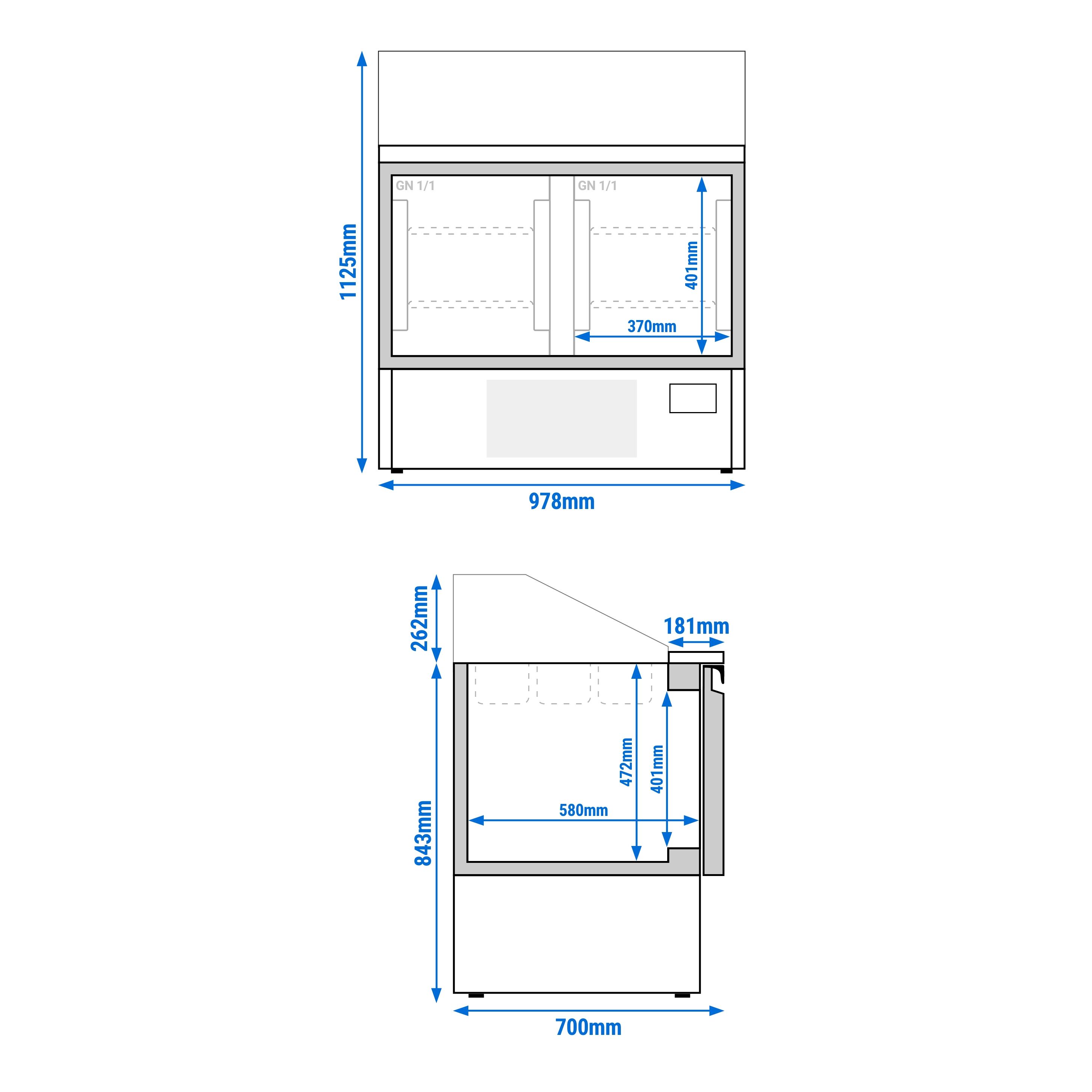 Saladette réfrigérée PREMIUM PLUS - 978mm - 230L - 2 portes - avec vitrine de comptoir pour 6x GN 1/3 & Couvercle inox & 3x GN 1/6