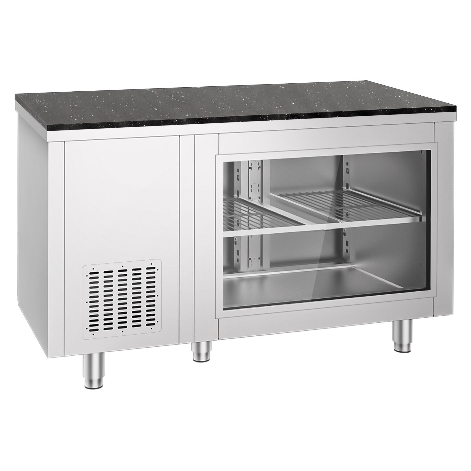Stół chłodniczy – 1400 x 700 mm – 2 drzwi z tyłu – z przeszklonym frontem – wraz z blatem z granitu