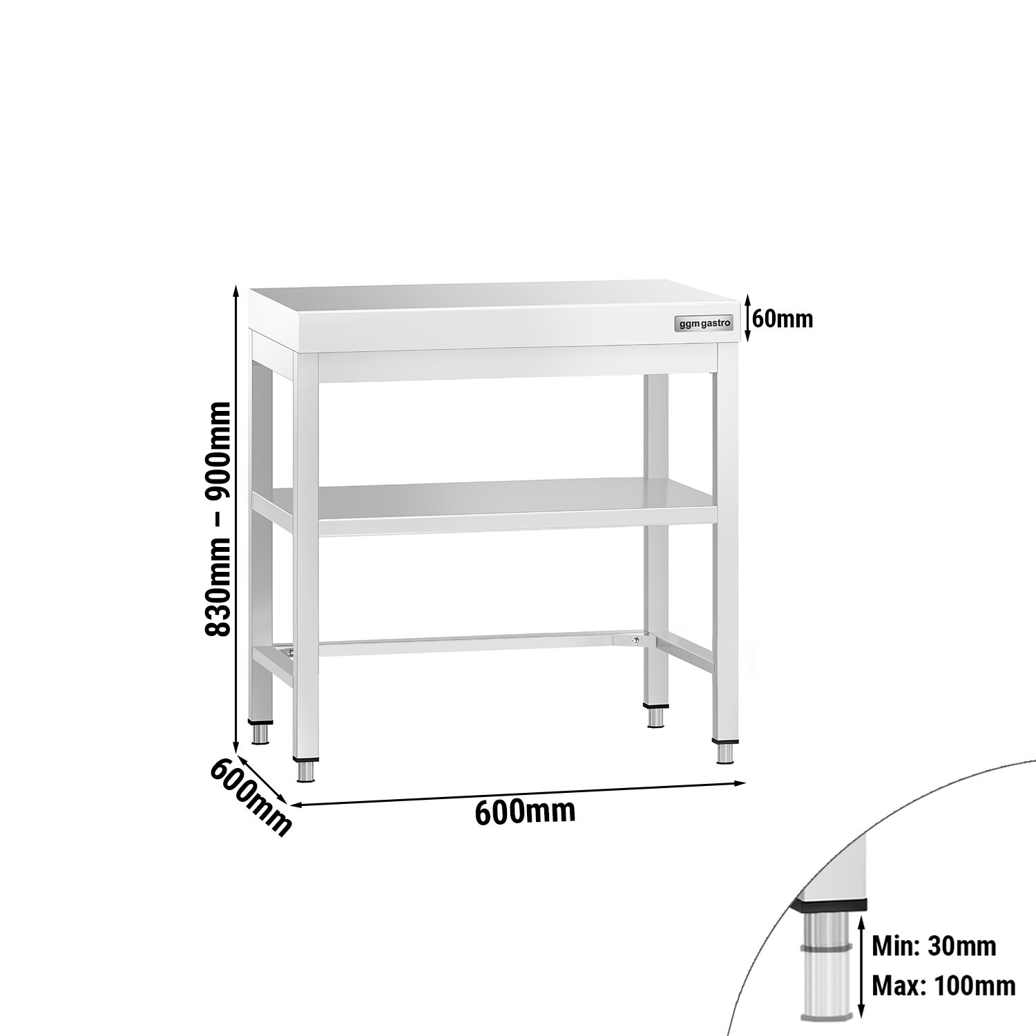 Table de travail en inox PREMIUM – 600x600 mm – avec tablette inférieure et renforts