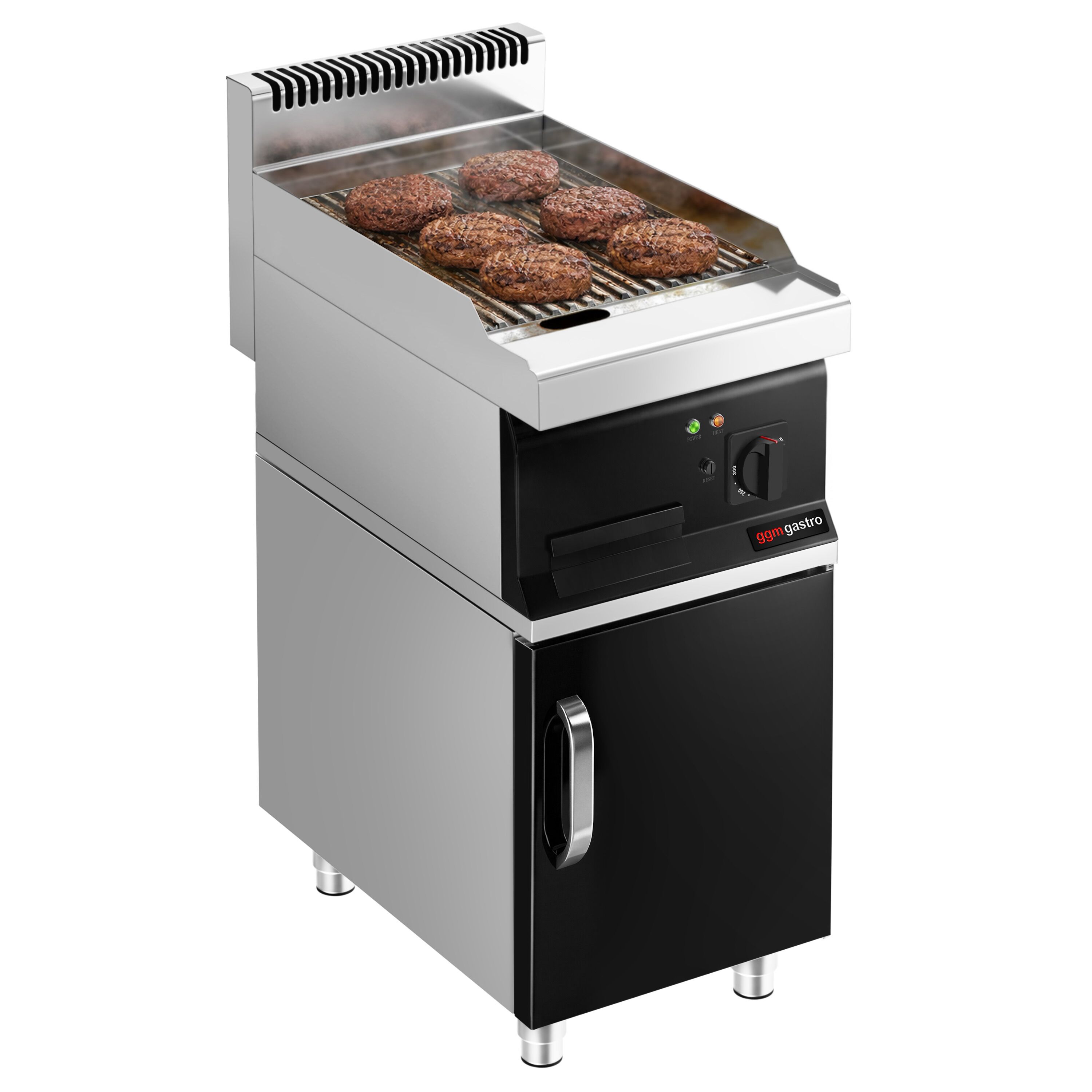 Plancha électrique - plaque acier - 8,0 kW - Rainurée - Surface de cuisson : 395x535mm - incl. soubassement avec 1 porte