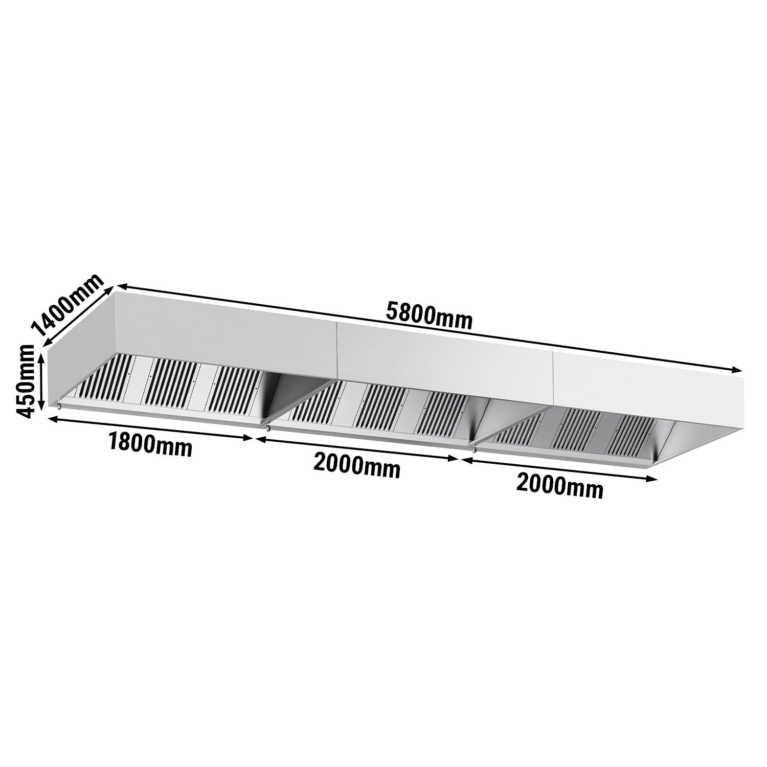 Commercial Wall-Mounted Extractor Hood - 5800mm - with Baffle Filters & LED Lighting