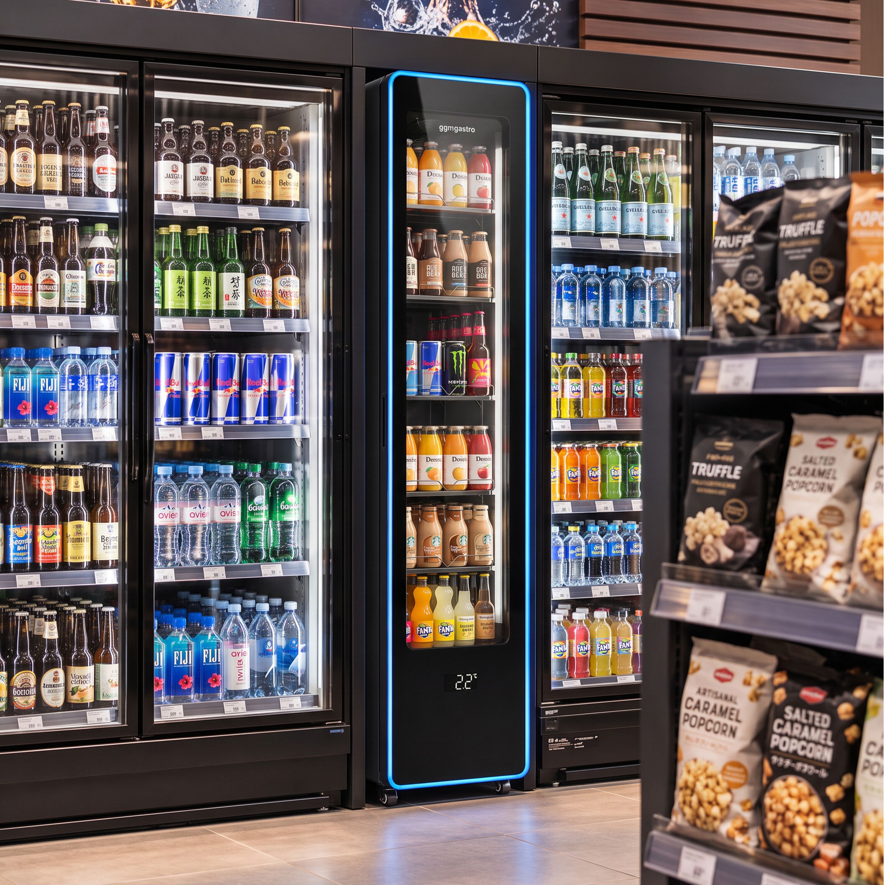Beverage refrigerator – 145 litres – frameless design – slimline – with 1 glass door and coloured LED lighting