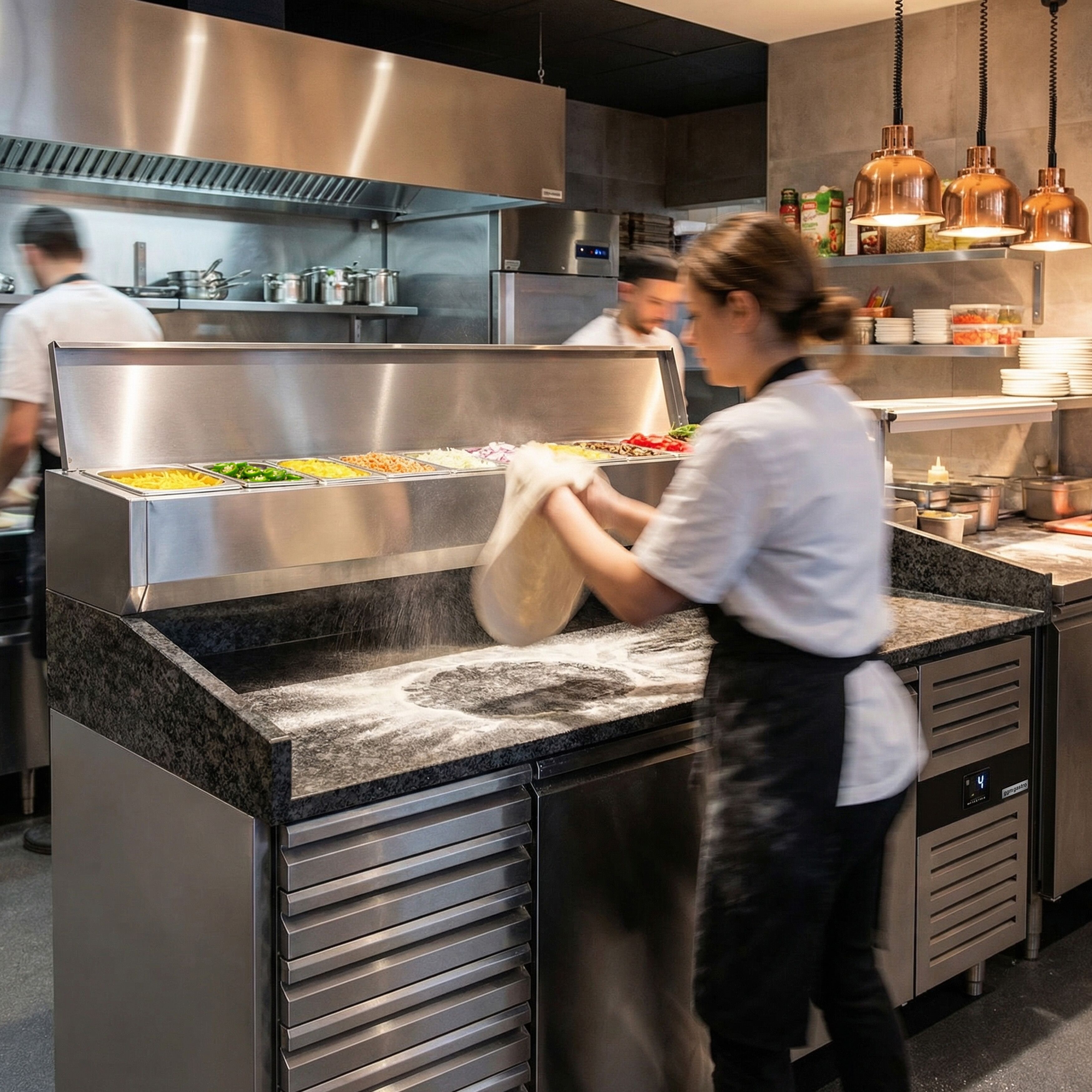 Table réfrigérée à pizza PREMIUM - 2000x800 mm - avec 2 portes & 7 tiroirs - incl. vitrine réfrigérée - 9x GN 1/3