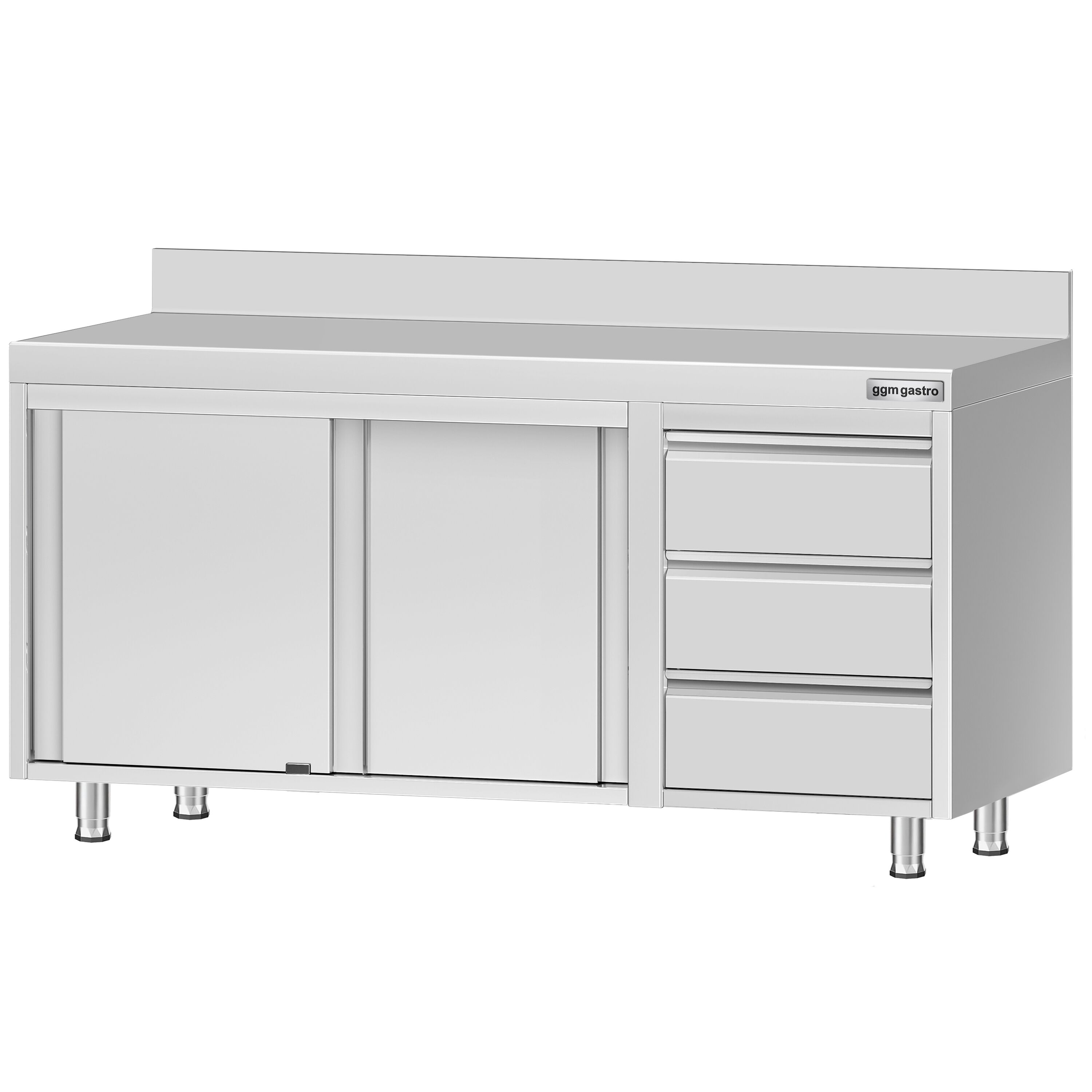 Table armoire en acier inoxydable ECO - 1600x700mm - avec 3 tiroirs à droite et portes coulissantes - avec dosseret