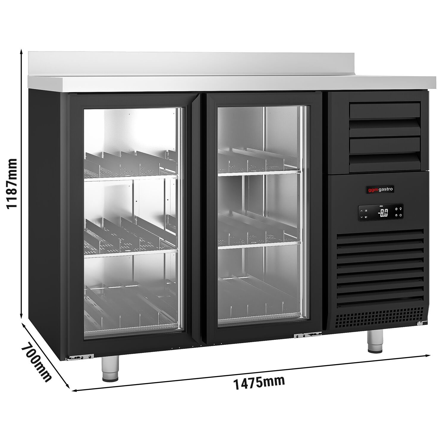 Arrière-bar réfrigéré professionnel  - 1475x700 mm - 440 litres - avec 2 portes vitrées & dosseret - noir