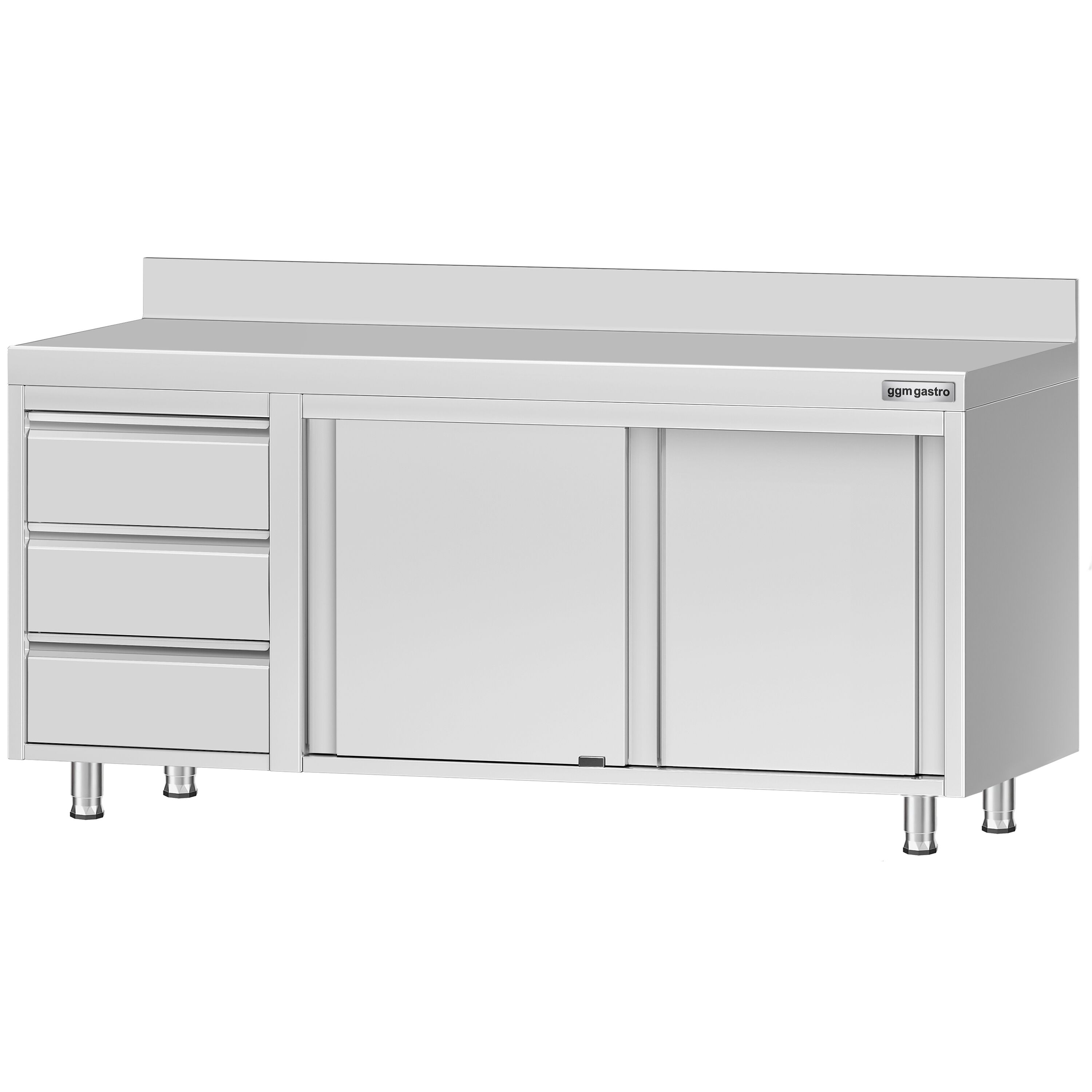 Table armoire en acier inoxydable ECO - 1800x700mm - avec 3 tiroirs à gauche et portes coulissantes - avec dosseret