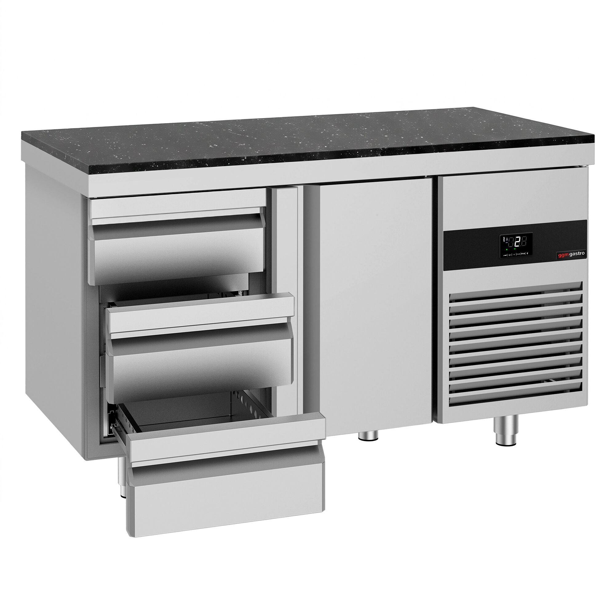 PREMIUM Refrigerated Counter – 1400 × 700 mm – with 1 Door & 3 Drawers – incl. Granite Worktop