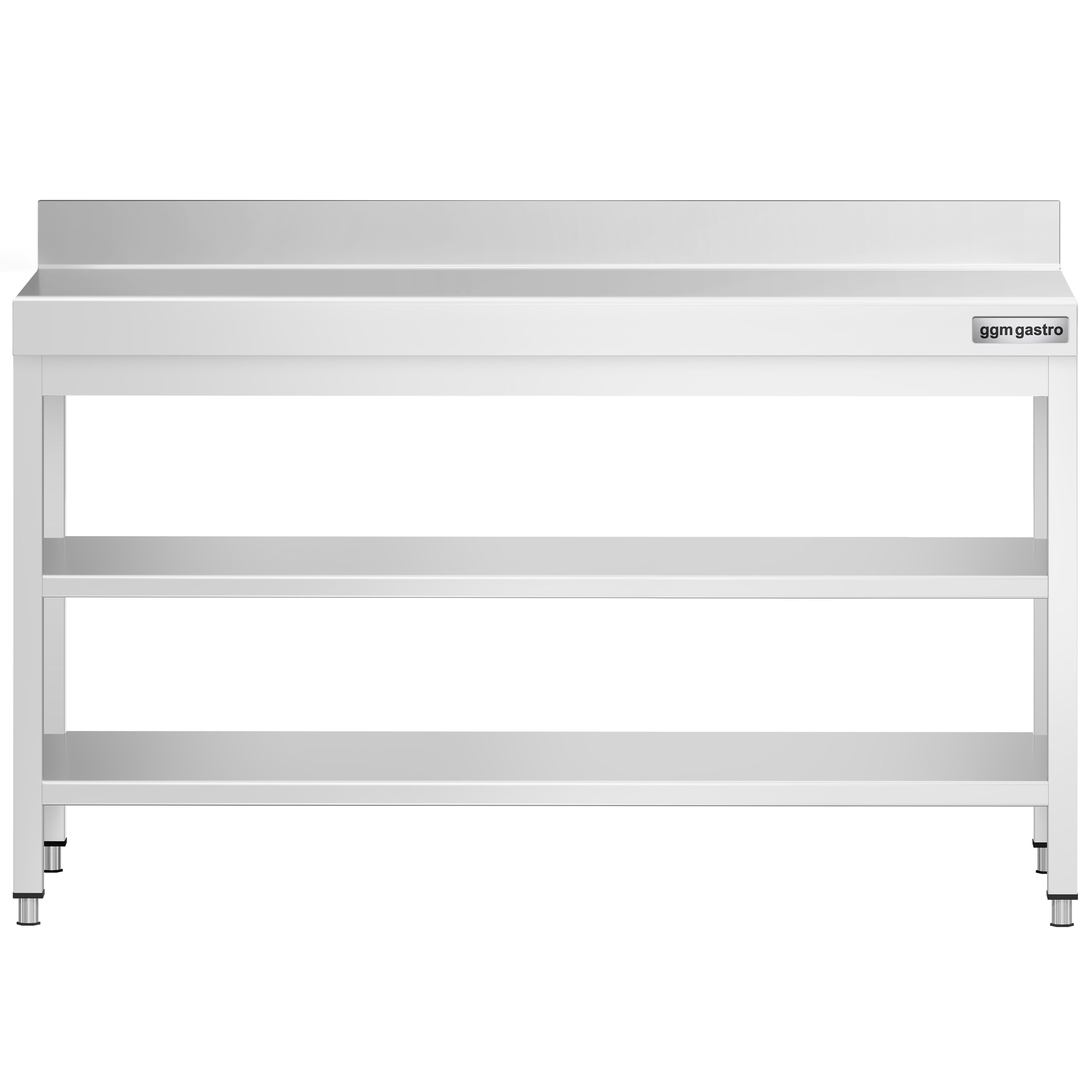 Table de travail inox PREMIUM - 1600 x 600 mm - avec tablette inférieure, Dosseret & Tablette intermédiaire