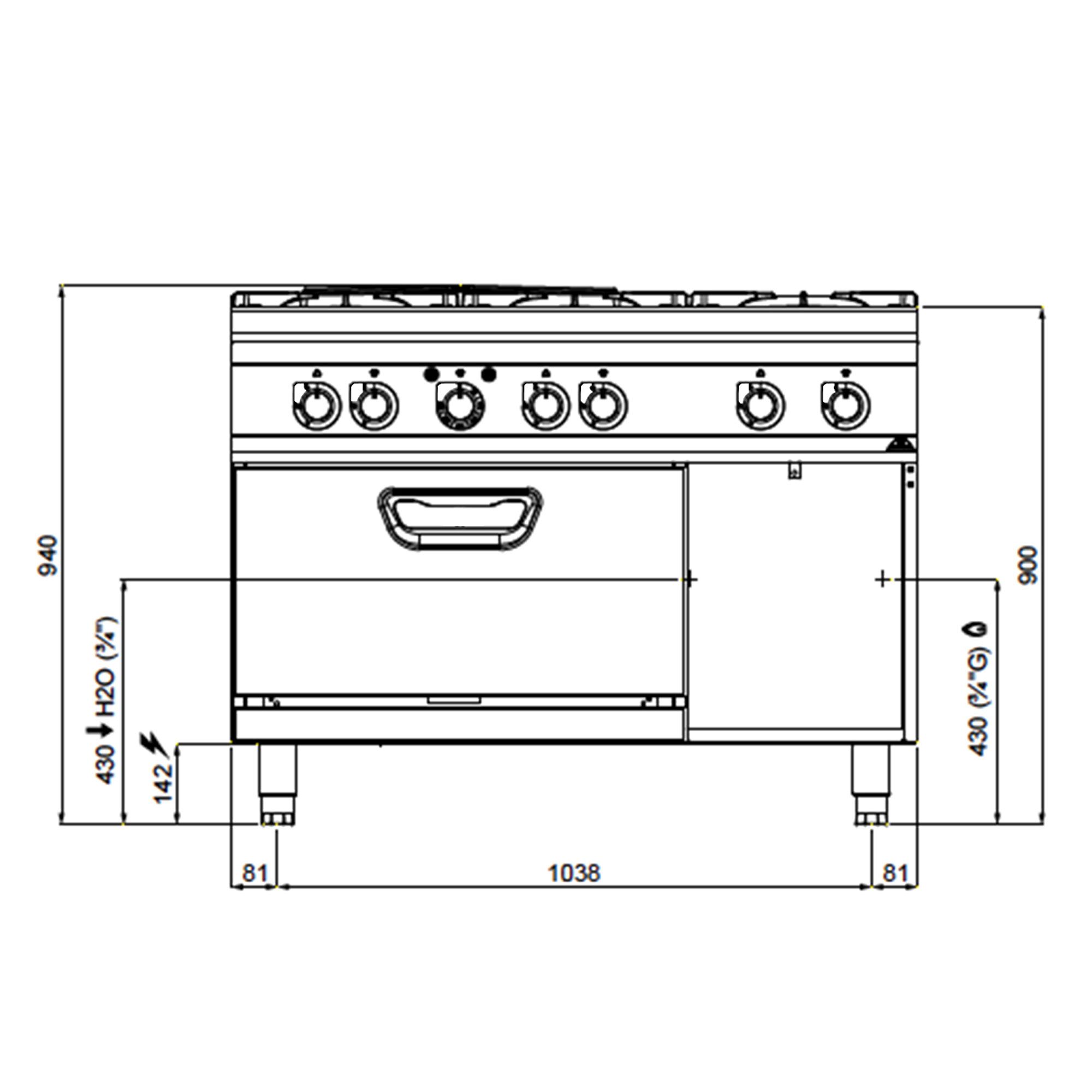 Fourneau à gaz – 60 kW – 6 brûleurs – avec four électrique à convection – 4,68 kW – modèle haute performance
