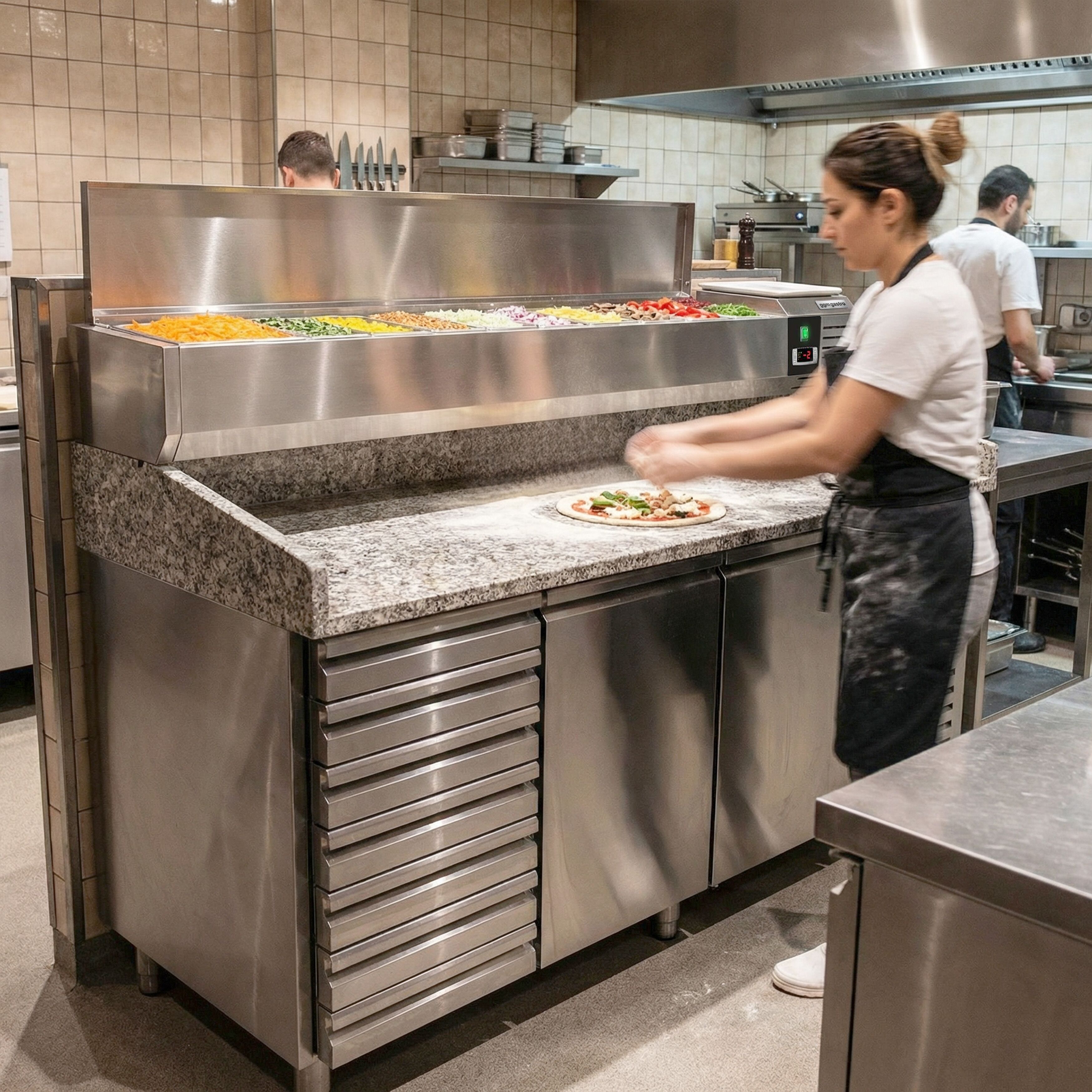 Table réfrigérée à pizza PREMIUM - 2000 x 800 mm - avec 2 portes et 7 tiroirs - incl. vitrine réfrigérée - 10 x GN 1/4