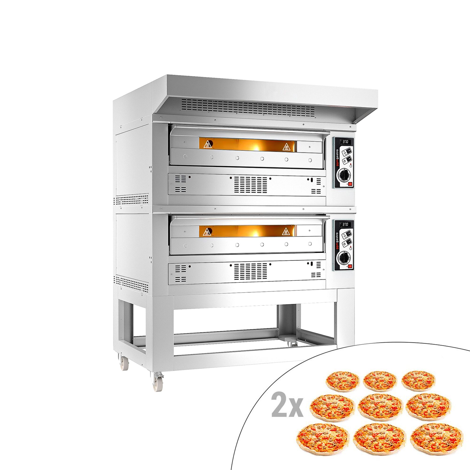 Four à pizza à gaz - 9 + 9 x 33 cm - Manuel - avec hotte et soubassement