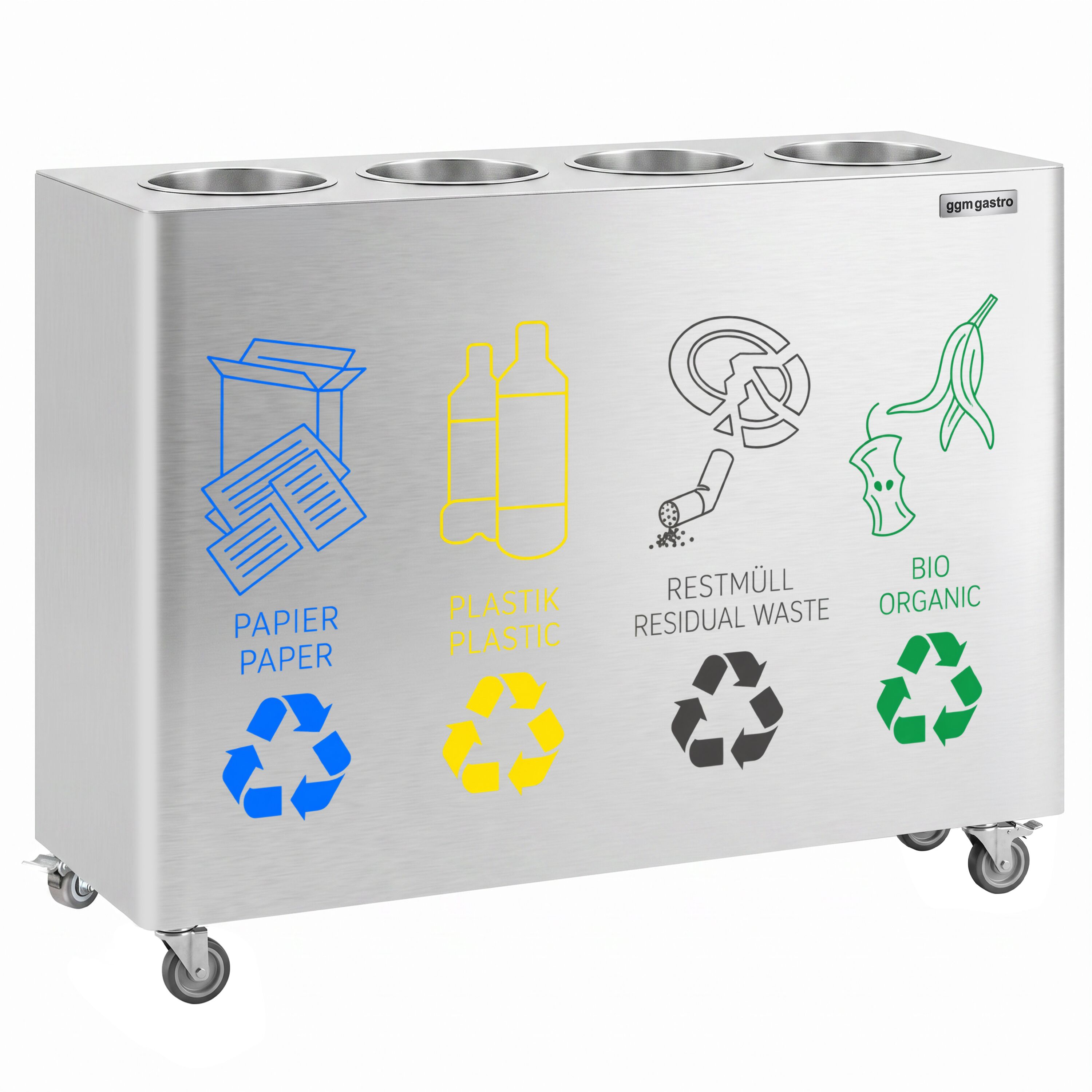 Waste sorting system – 4 bins, 30 litres each – stainless steel – with 4 castors