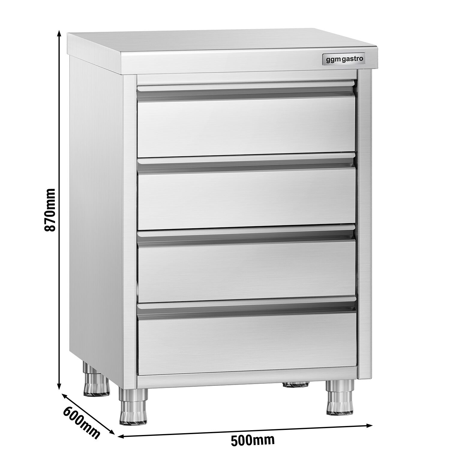 Meuble bas à tiroirs PREMIUM - Acier inoxydable - avec 4 tiroirs - 500x600mm