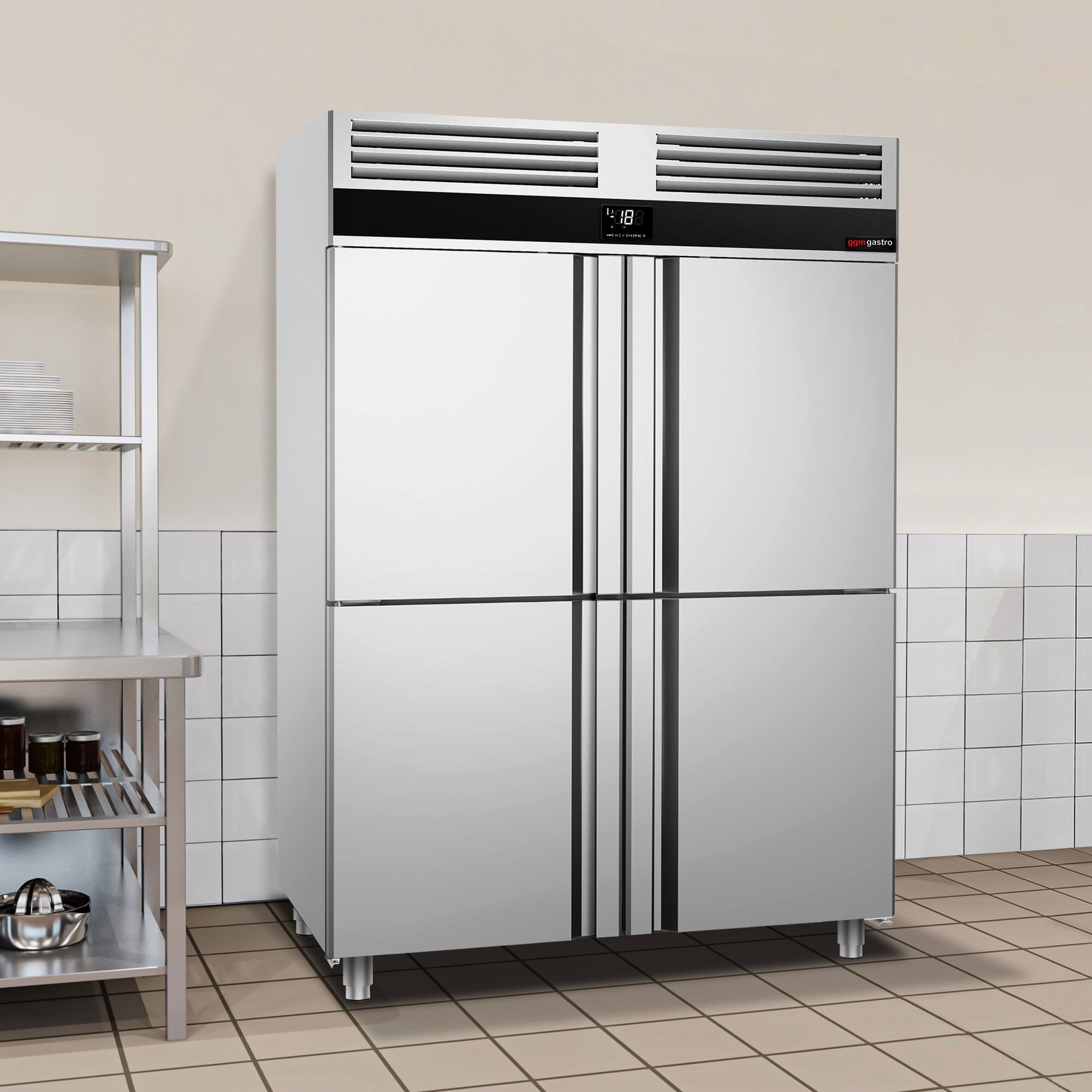 Armoire réfrigérée vitrée négative Inox AISI 430 PREMIUM - GN 2/1 - 1400 L - avec 4 demi-portes