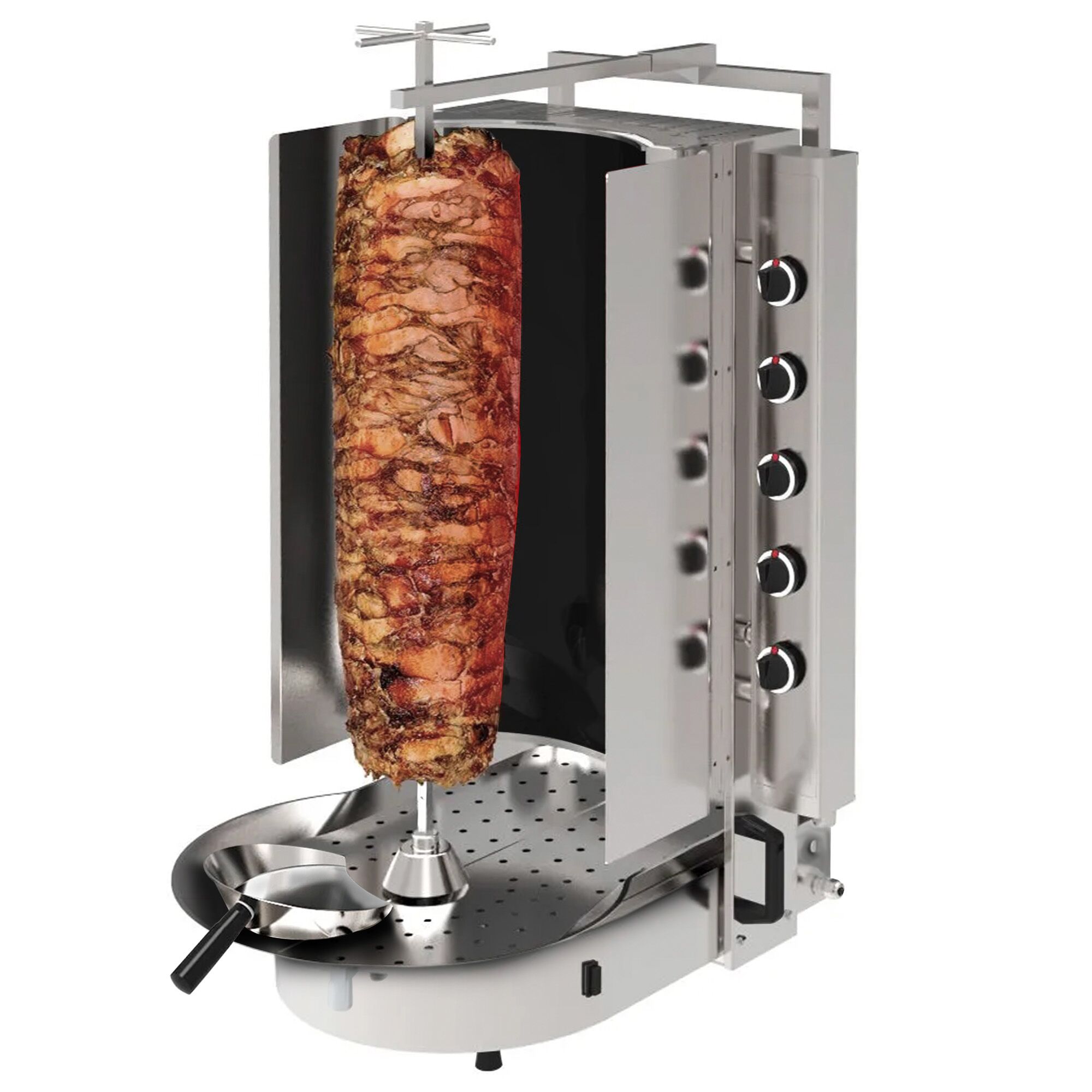 Gas Doner Kebab Grill (Shawarma/Gyros) - 10 Burner - up to 90kg - 20kW - Countertop - with ROBAX® glass - incl. skewer, clamp, meat plate, drip tray, kebab shovel & double doors