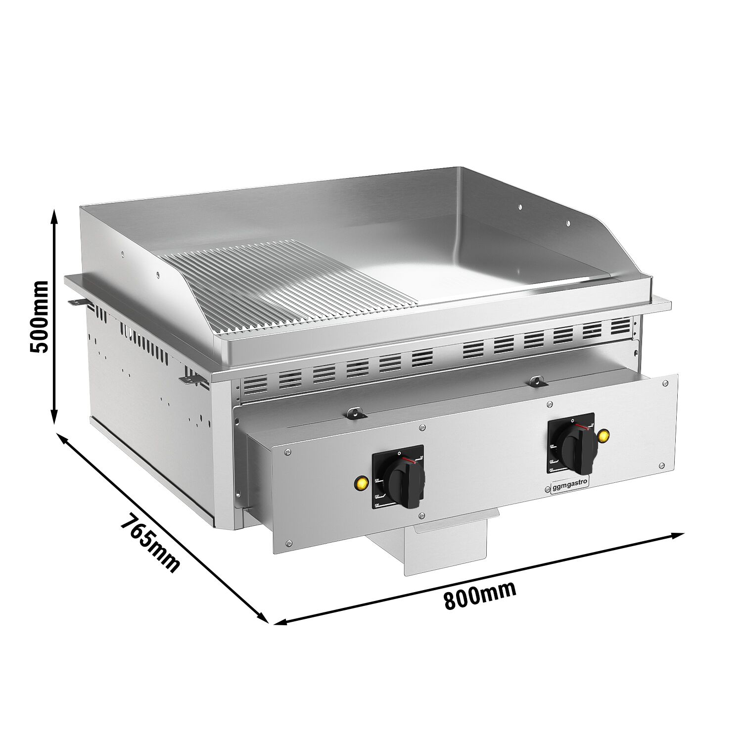 Plancha électrique - plaque acier - 9,0 kW - 1/2 lisse, 1/2 rainurée - Surface de cuisson : 800x765mm