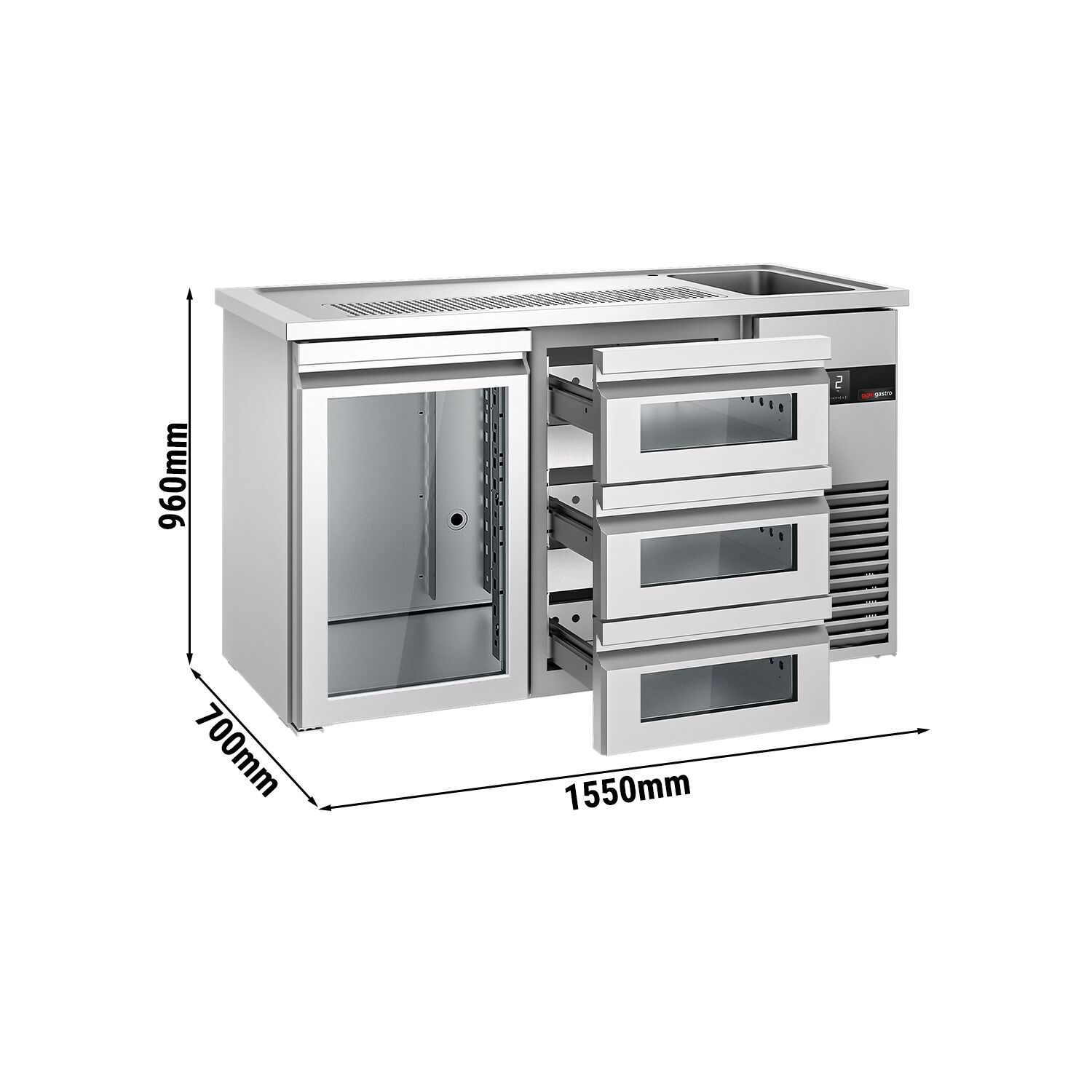Comptoir de bar réfrigéré PREMIUM - 1550x700mm - 1 porte vitrée & 3 tiroirs en verre