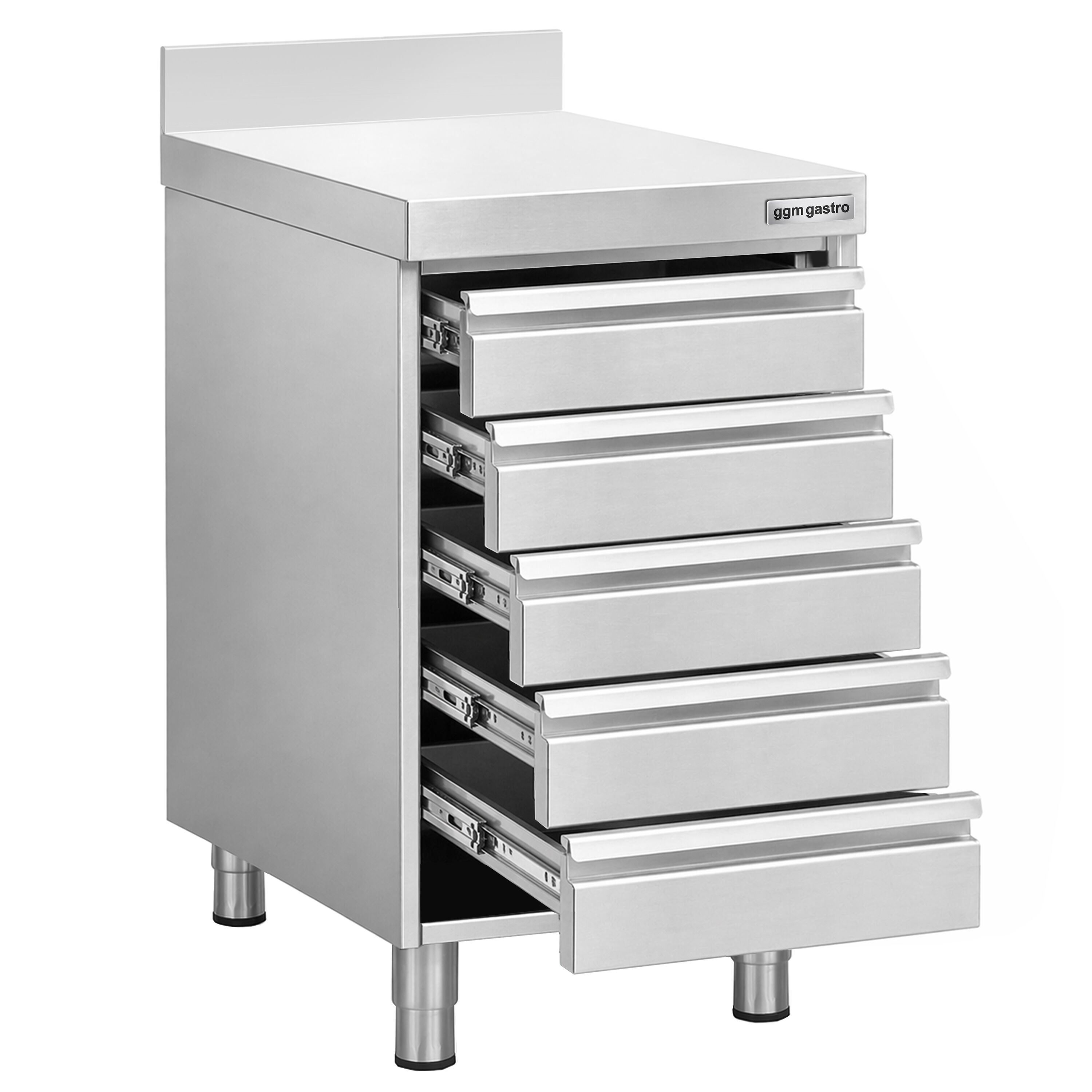Meuble bas à tiroirs - Acier inoxydable - avec 5 tiroirs & dosseret 100mm - 500x700mm