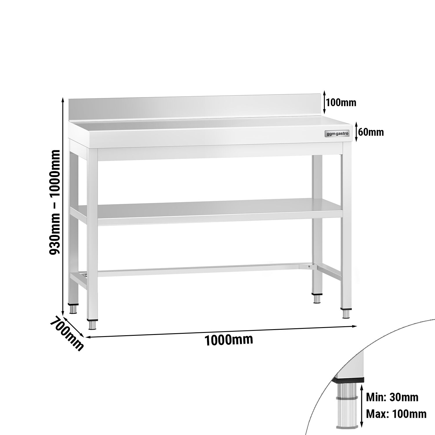 Table de travail inox PREMIUM - 1000 x 700 mm - avec tablette inférieure, Dosseret & Renforts