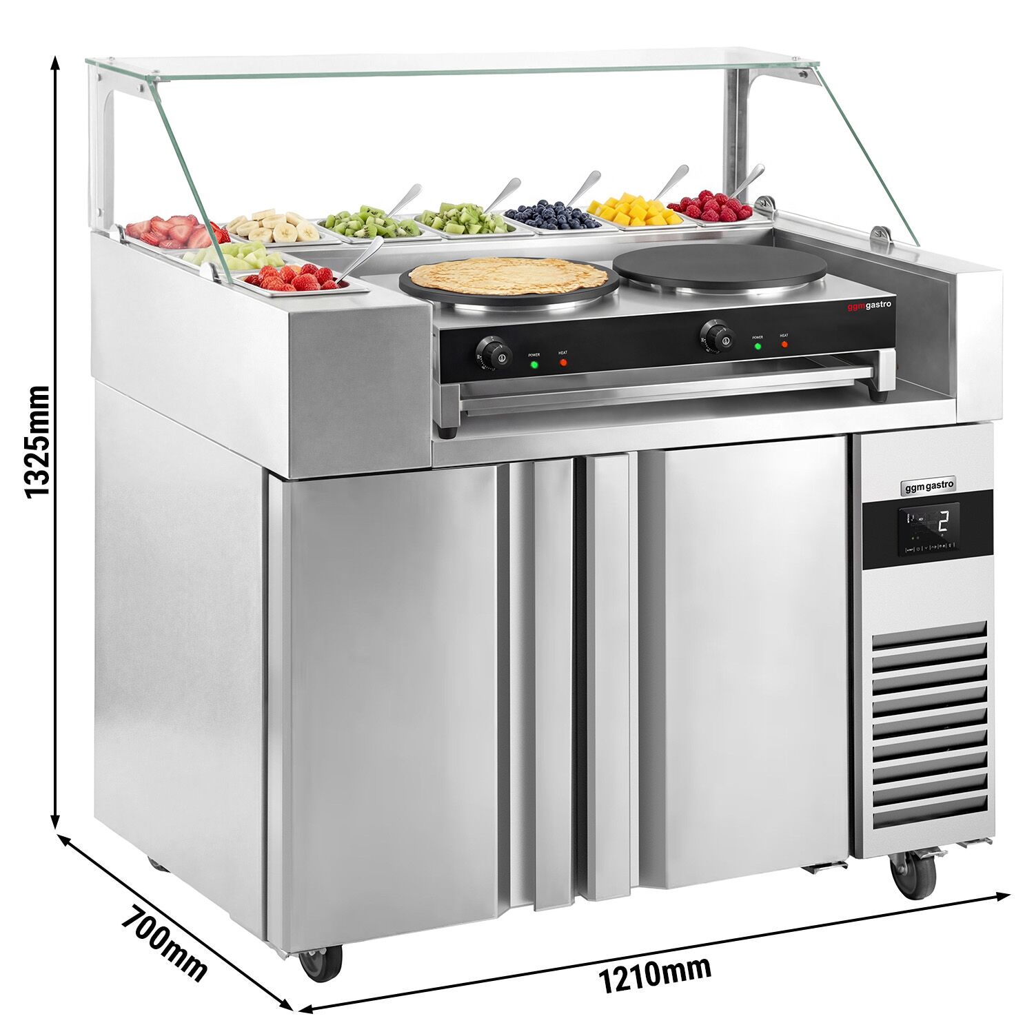 Table de préparation – 1210 mm – 2 portes – pour 9 bacs GN 1/6 – incl. appareil à crêpes avec 2 plaques