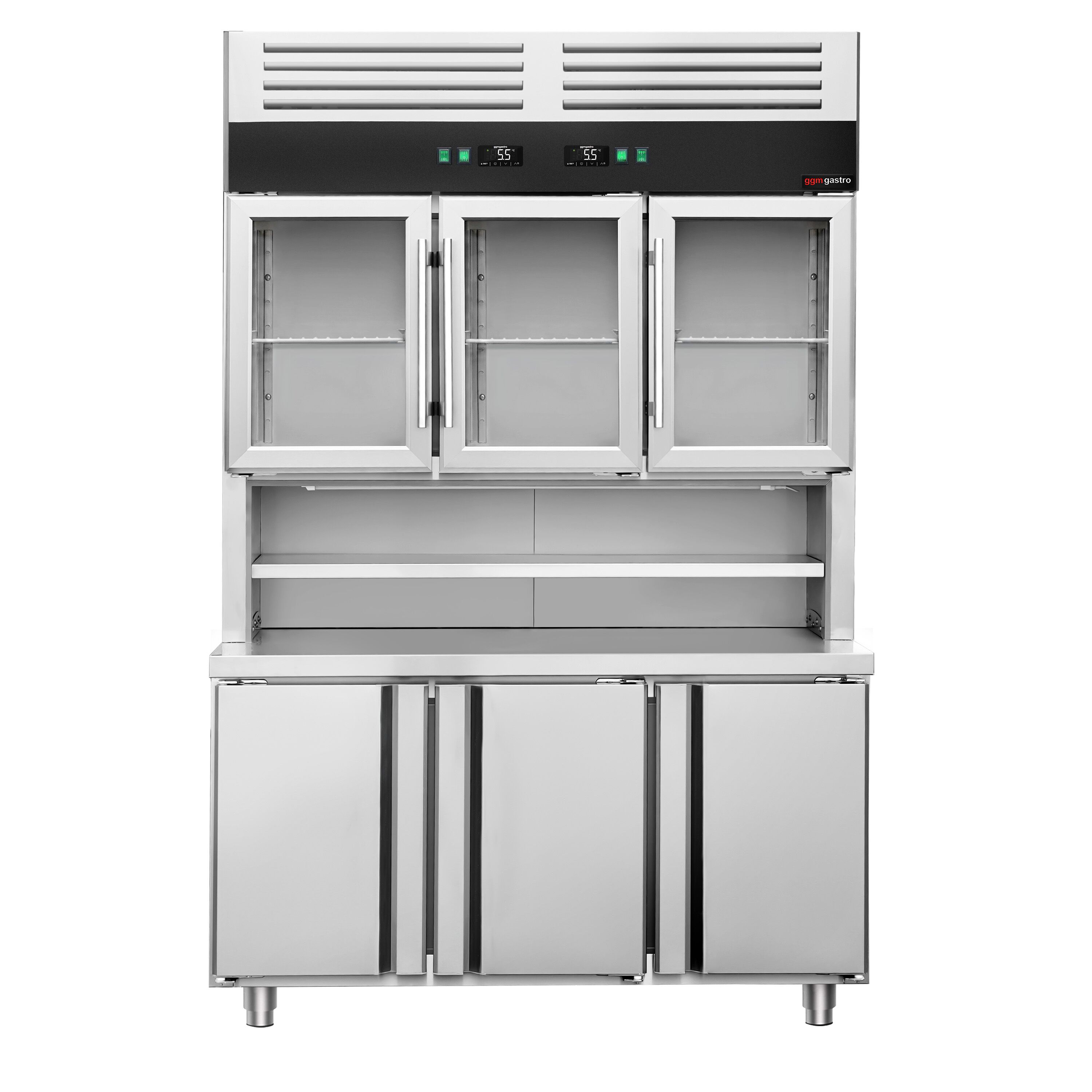 Table réfrigérée avec étagère murale réfrigérée - 1350x700 mm - 3 portes vitrées en haut, 3 portes en bas - surface de travail