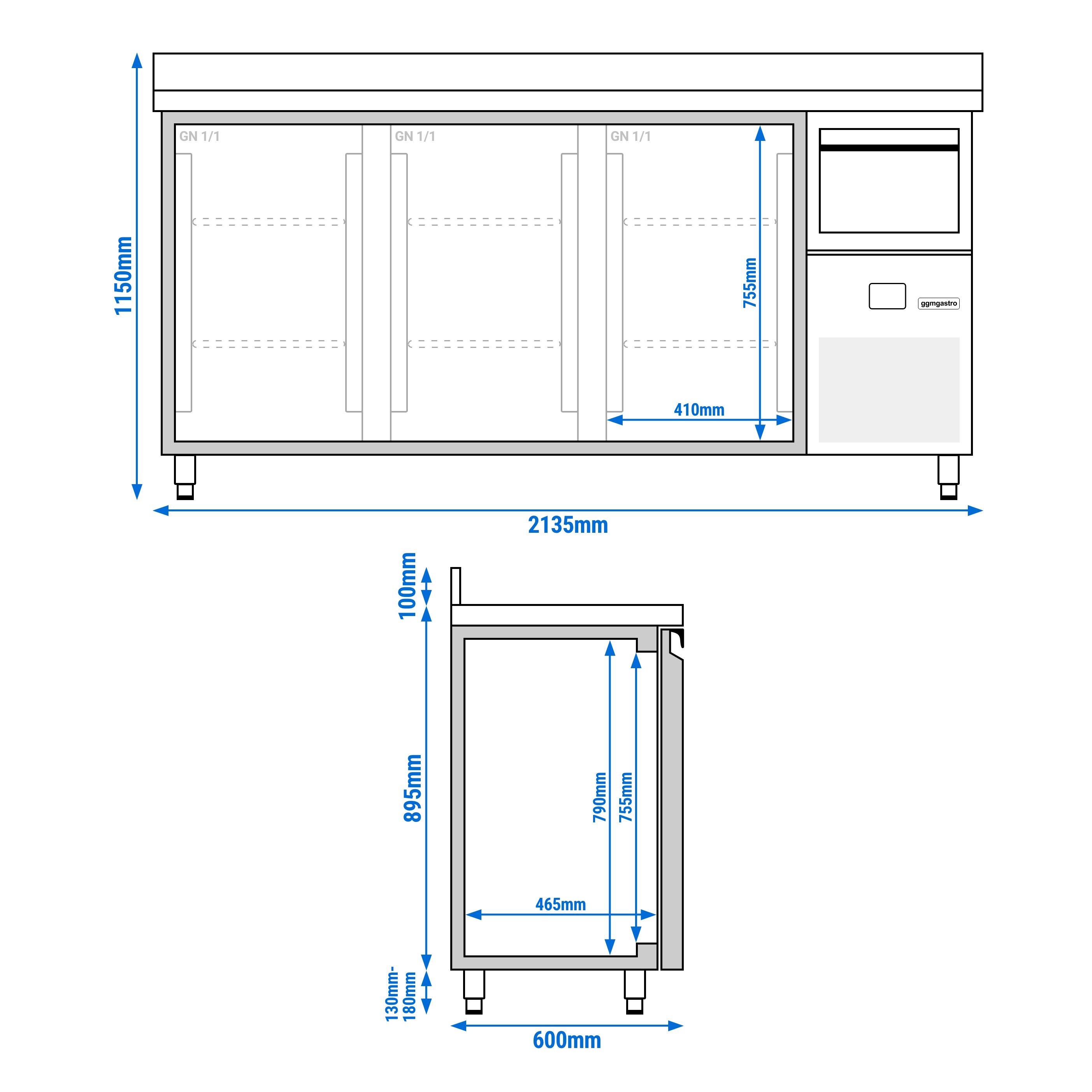 Commercial Back Bar Bottle Cooler PREMIUM - 2140x600x1150mm - with 3 Hinged Glass Doors, upstand & knock box for coffee - 632L