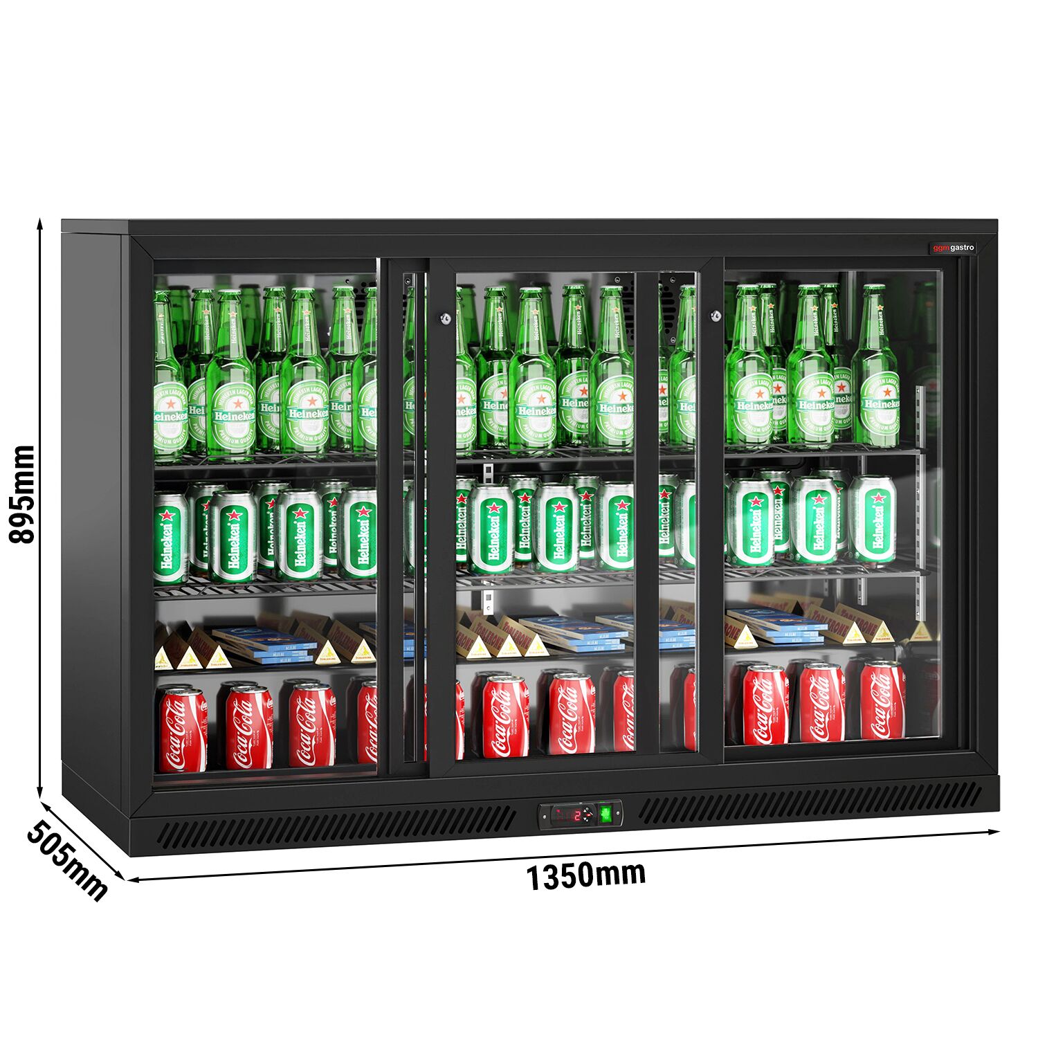 Réfrigérateur de bar – 1350 mm – 320 litres – avec 3 portes coulissantes en verre – Extérieur & intérieur Noir