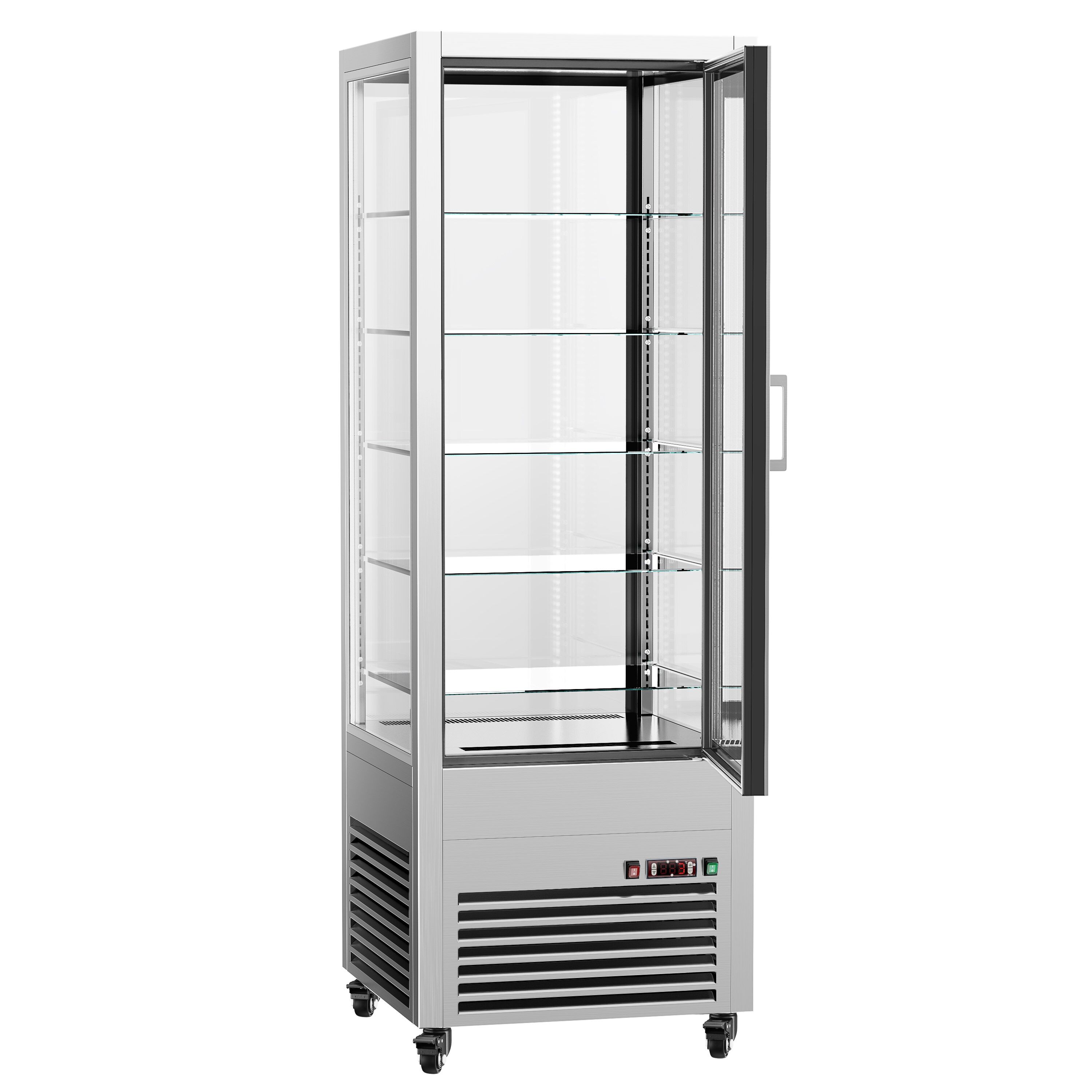 Vitrine réfrigérée 4 faces vitrées / Vitrine panoramique – 440 litres – 1 porte en verre – 5 étagères – Argent