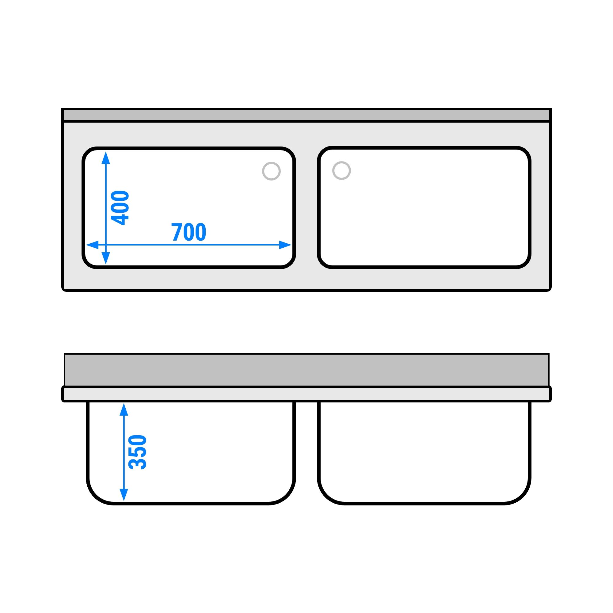 RVS spoeltafel PREMIUM - 1600x600mm - met onderblad - met 2 spoelbakken