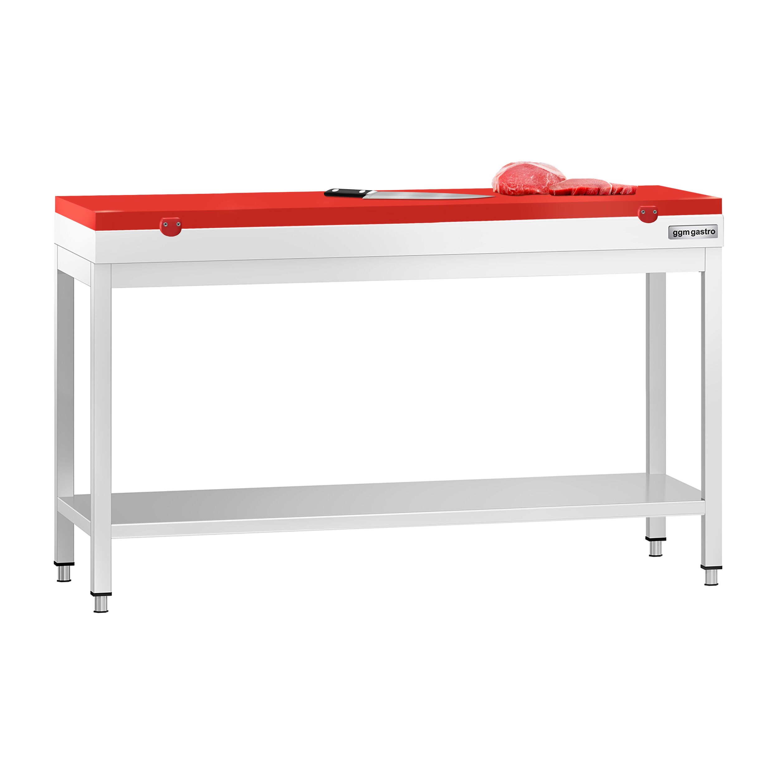 Table de travail inox PREMIUM - 1500 x 600 mm - avec tablette inférieure - incl. Planche à découper Rouge