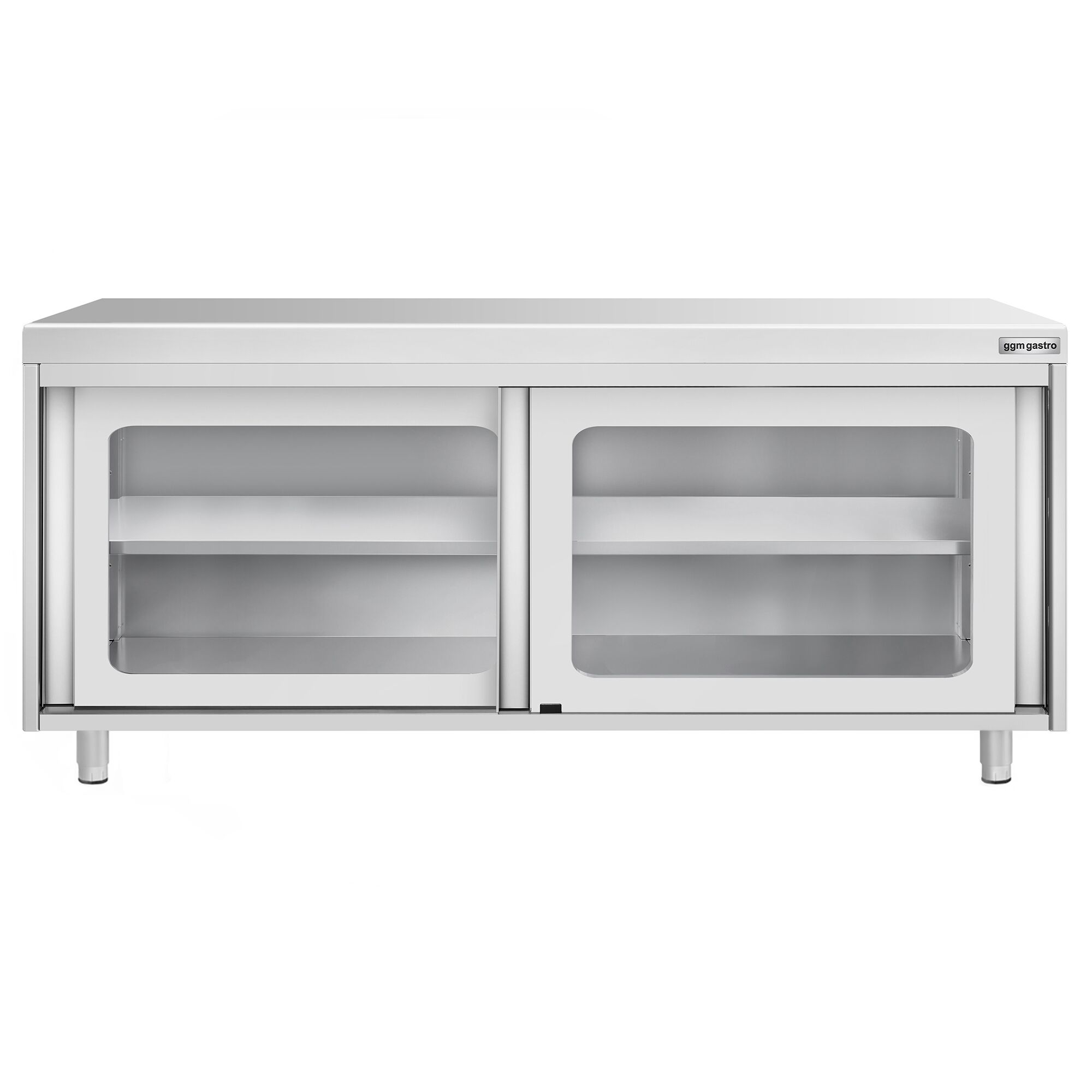 Table armoire en acier inoxydable PREMIUM - 1800x600mm - avec portes coulissantes vitrées et étagère basse
