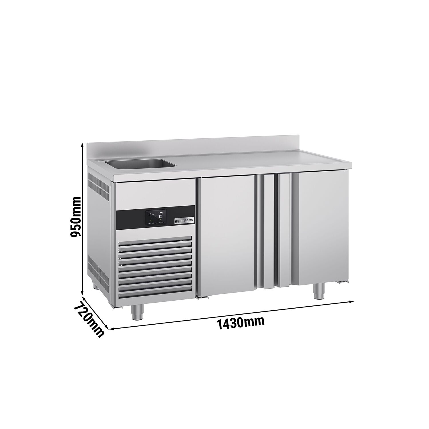 Table réfrigérée PREMIUM - 1430 x 700 mm - avec 2 portes, 1 bac à gauche - dosseret