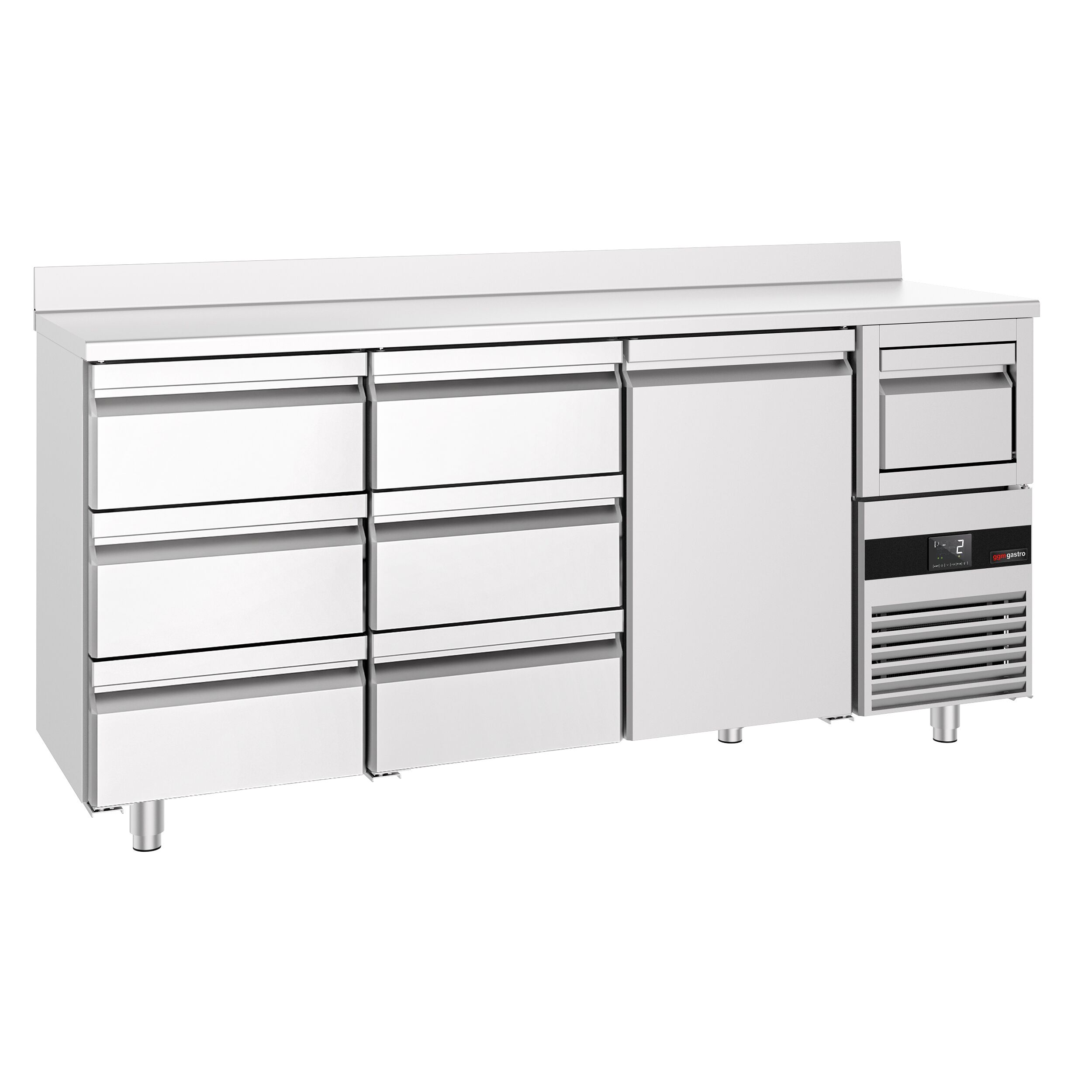 Arrière-bar réfrigéré professionnel  PREMIUM - 2130 x 600 mm - avec 1 porte et 6 tiroirs - avec dosseret - avec tiroir à marc de café