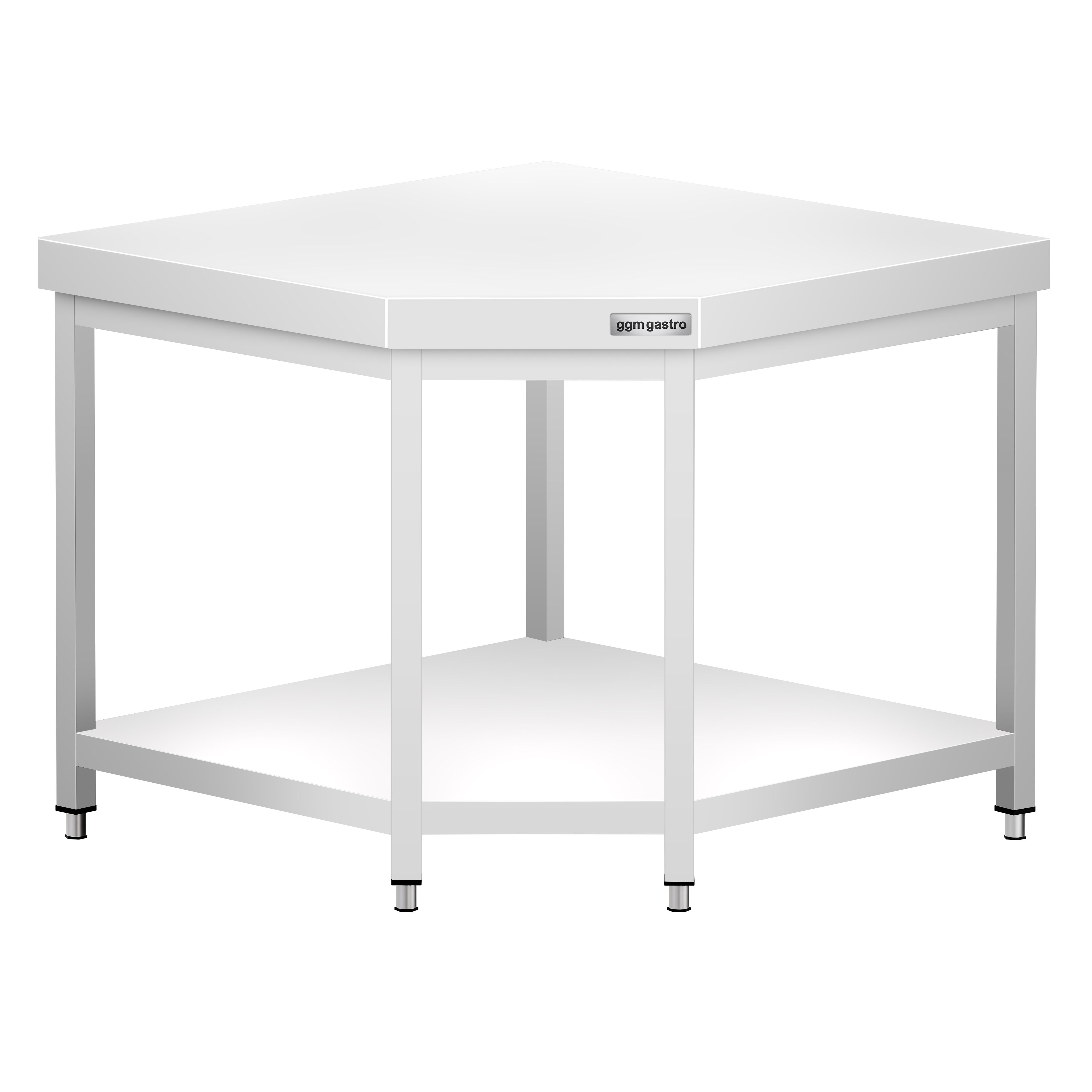 Table de travail en inox d’angle PREMIUM - 1150x800mm - avec étagère basse + dosseret arrière
