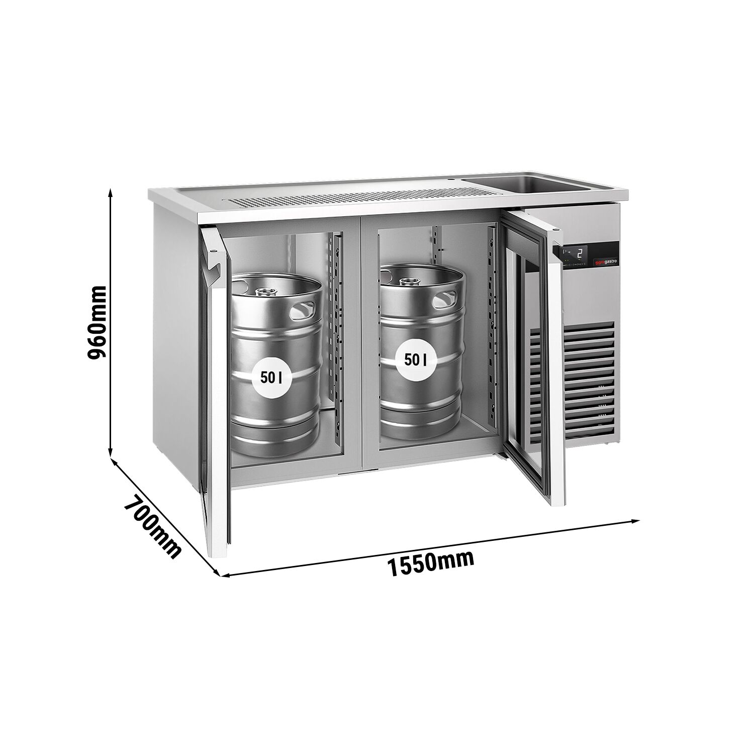 Comptoir de bar réfrigéré PREMIUM - 1550x700mm - 2 portes vitrées