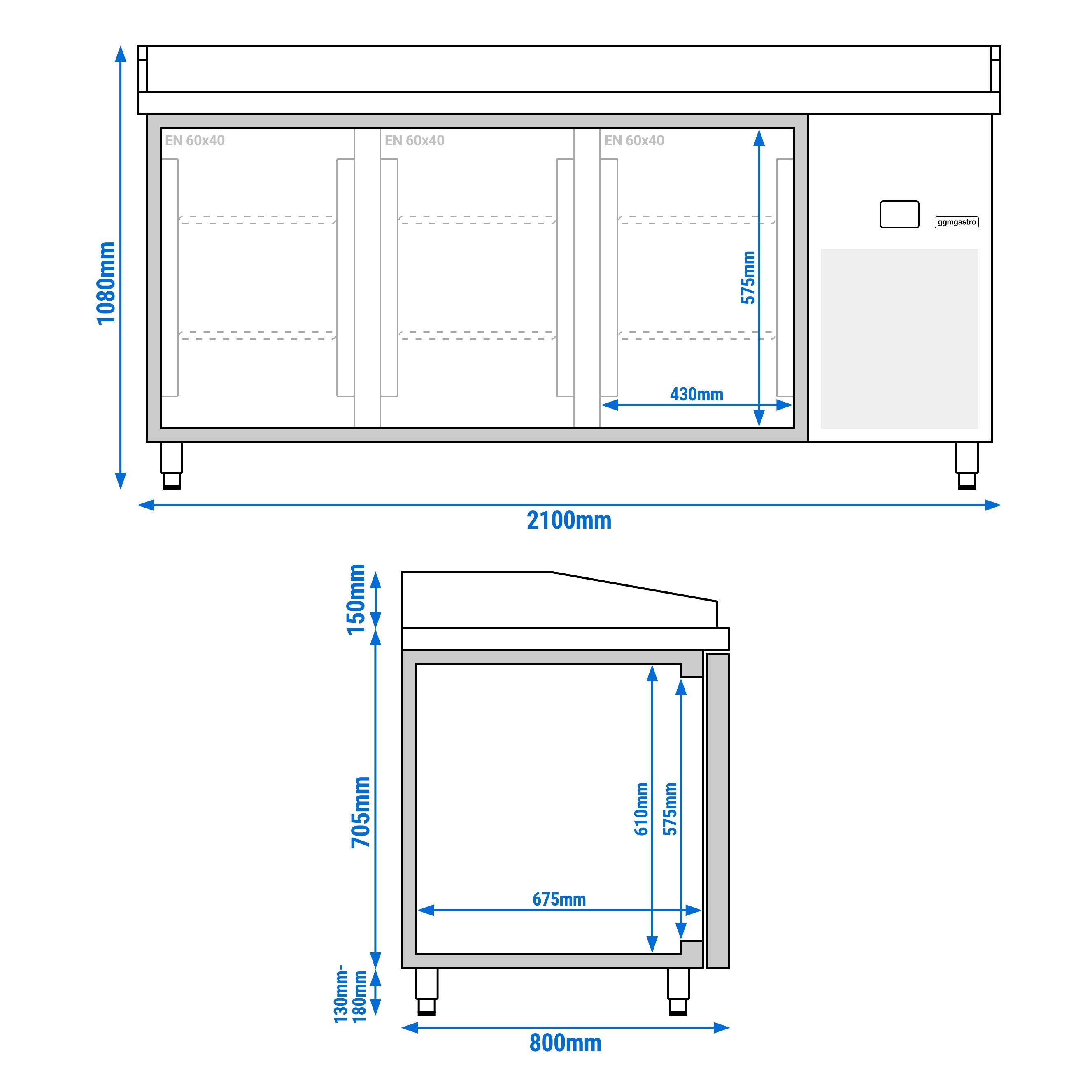 Table réfrigérée pour pizza PREMIUM - 2100 x 800 mm - avec 3 portes
