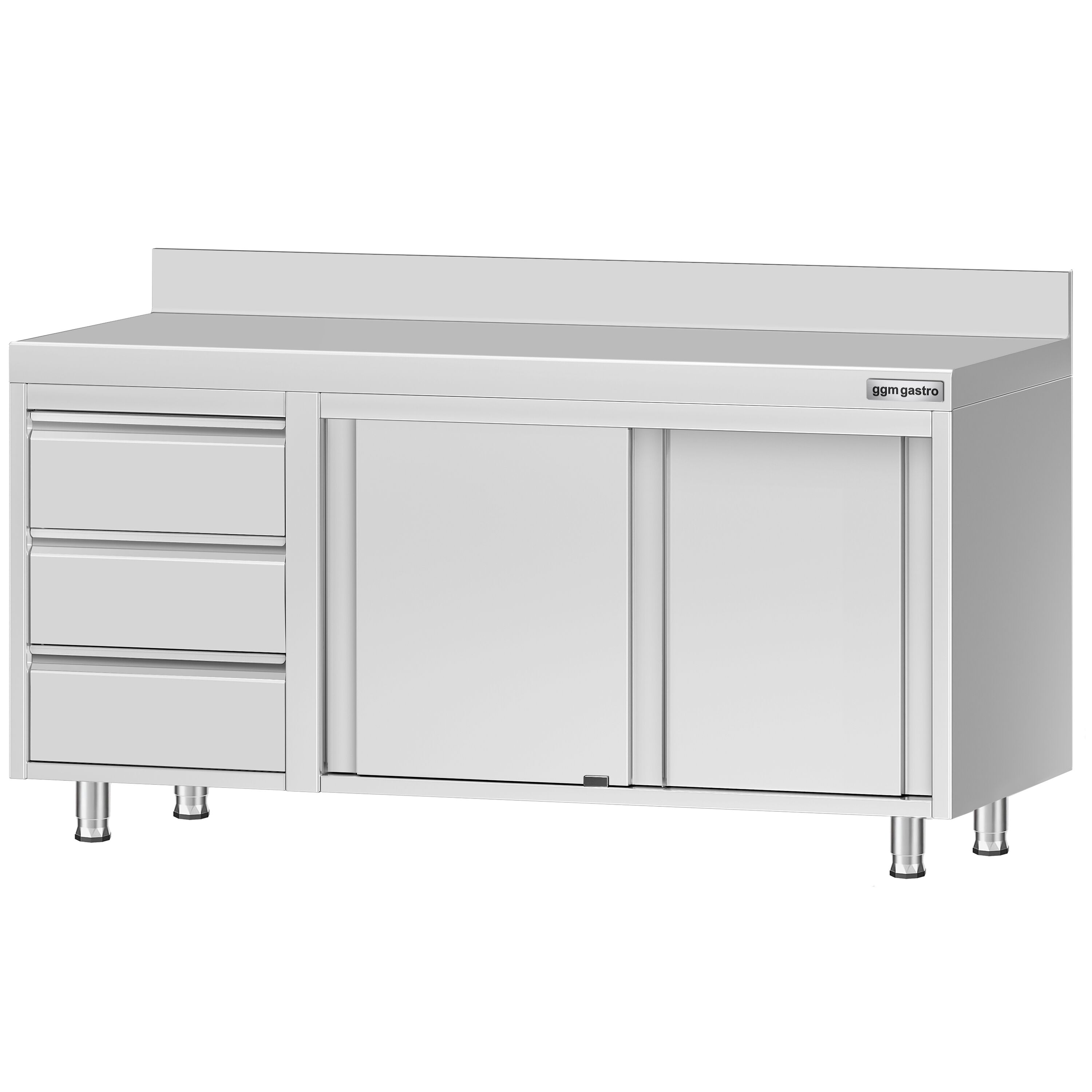 Table armoire en acier inoxydable ECO - 1600x600mm - avec 3 tiroirs à gauche et portes coulissantes - avec dosseret