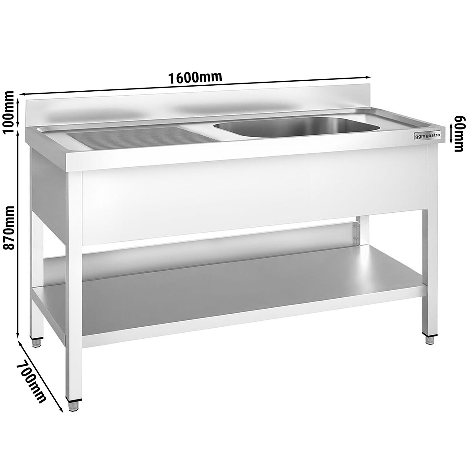 Plonge en inox PREMIUM - 1600x700mm - avec étagère basse - 1 bac à droite