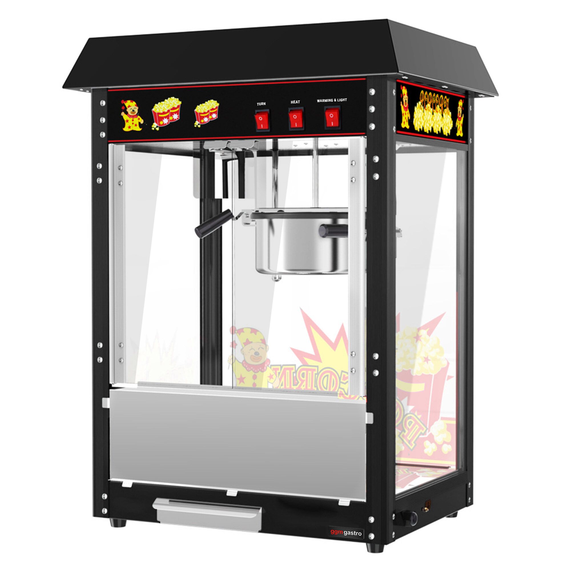 Machine à pop-corn professionnelle avec chariot - 1,46kW - 5kg/h - avec 1 marmite - Noir