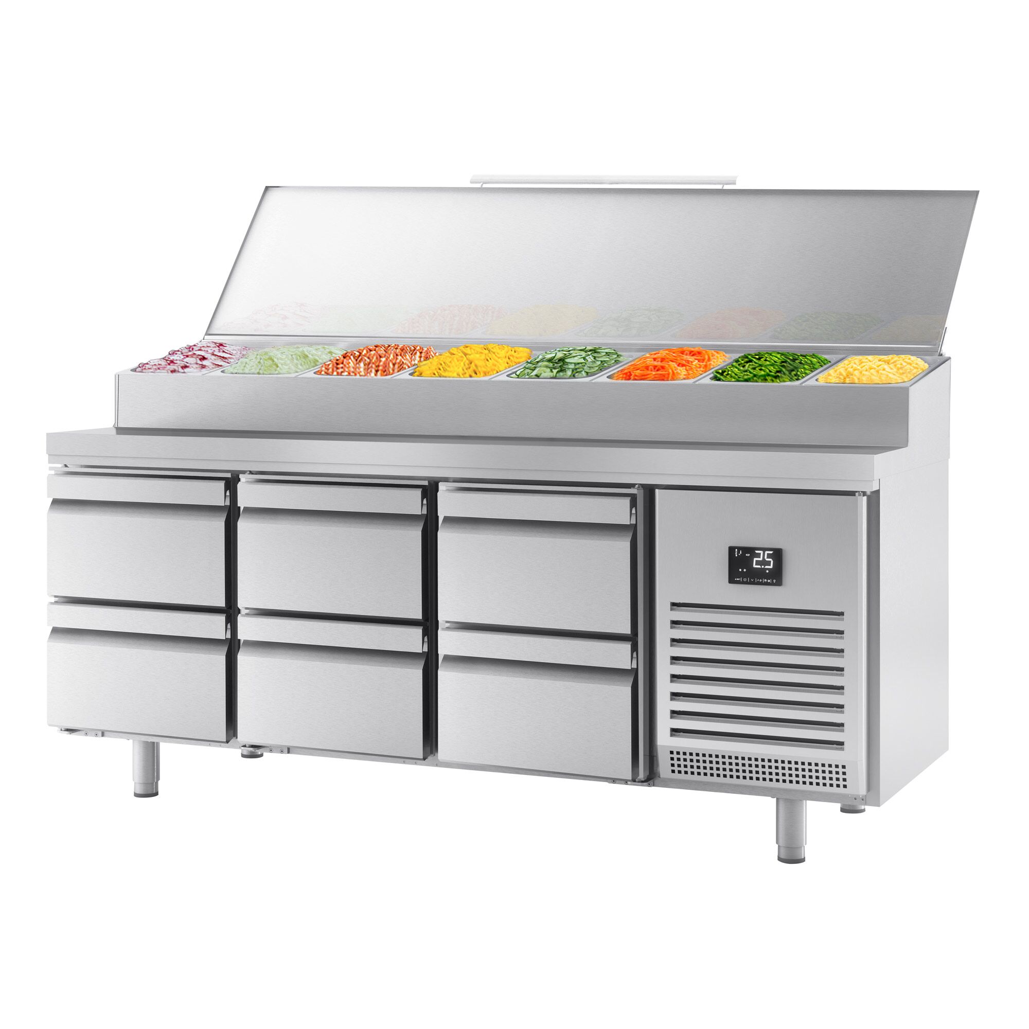 Table réfrigérée de préparation 1960x600 mm avec 6 tiroirs et superstructure inox pour 11 bacs GN 1/4