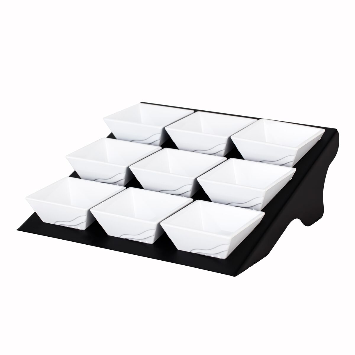 Suporte elevado para buffet - Aço inoxidável - Preto - quadrado - incl. 9 Tigelas de melamina 90x90mm - com 9 prateleiras