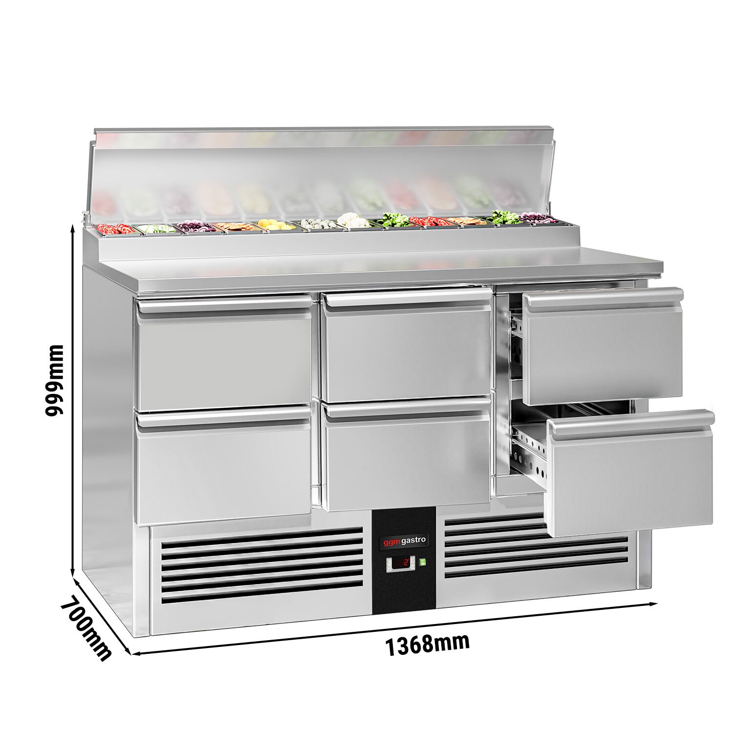 Table de préparation Mini PREMIUM – 1368 mm – 6 tiroirs – pour 8 bacs GN 1/6